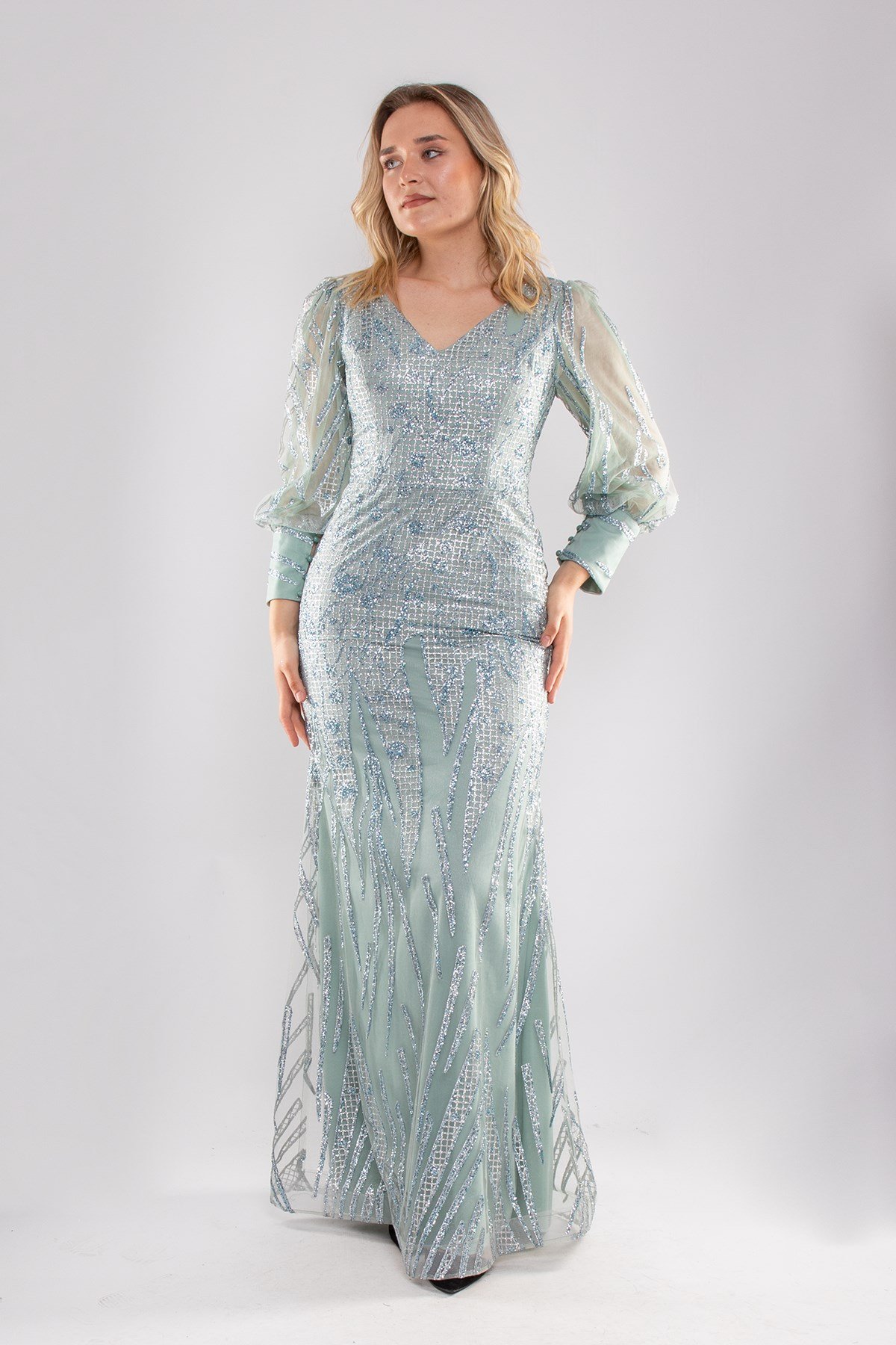 20152 BB V Yaka Sim Uzun Kol Balık Elbise