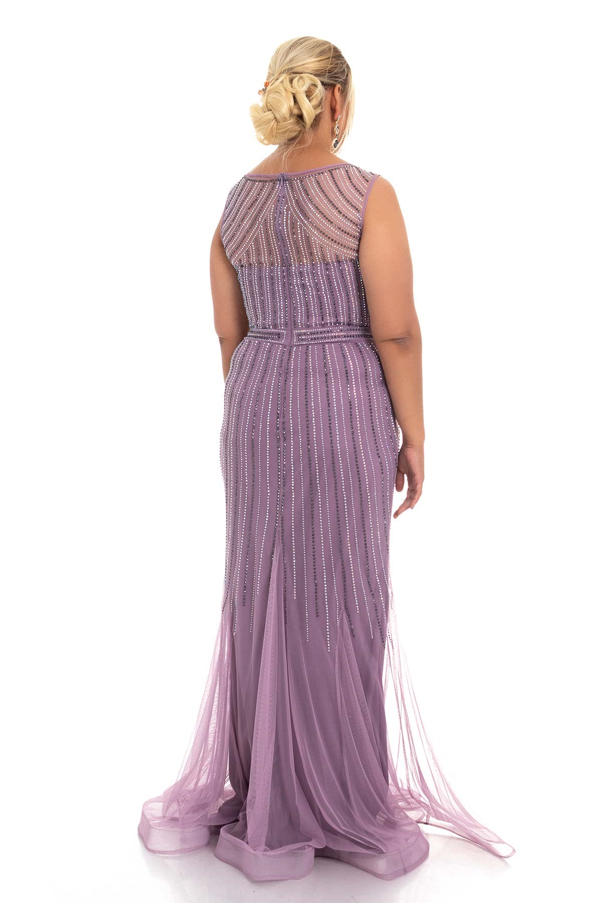 20156 BB Sıra Taş İşleme Uzun Balık Tül Elbise