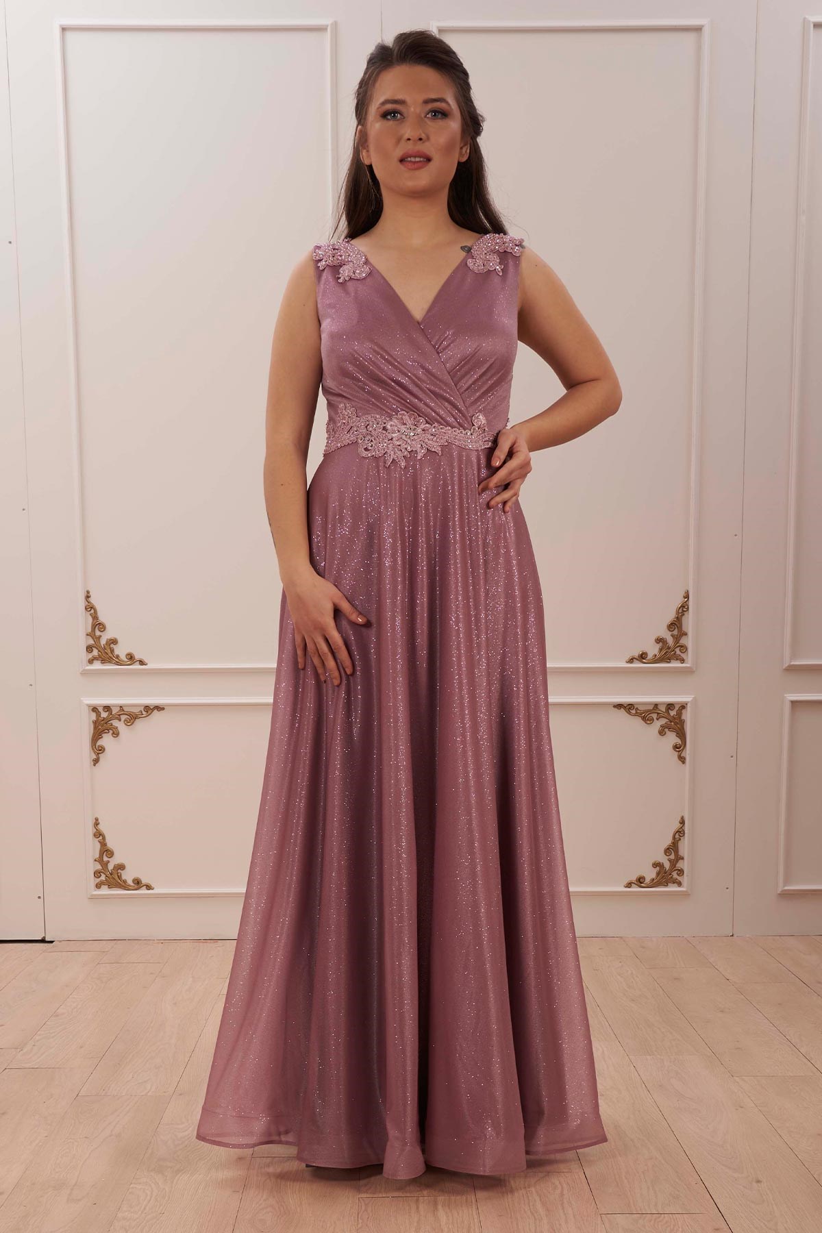 20178 BB Kruv.Yaka Bel Omuz Taşlı Simli Uzun Abiye