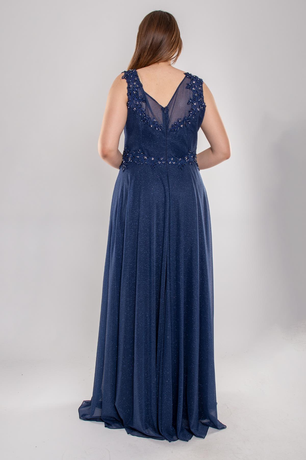 20178 BB Kruvaze Yaka Bel Omuz Taşlı Simli Uzun Abiye