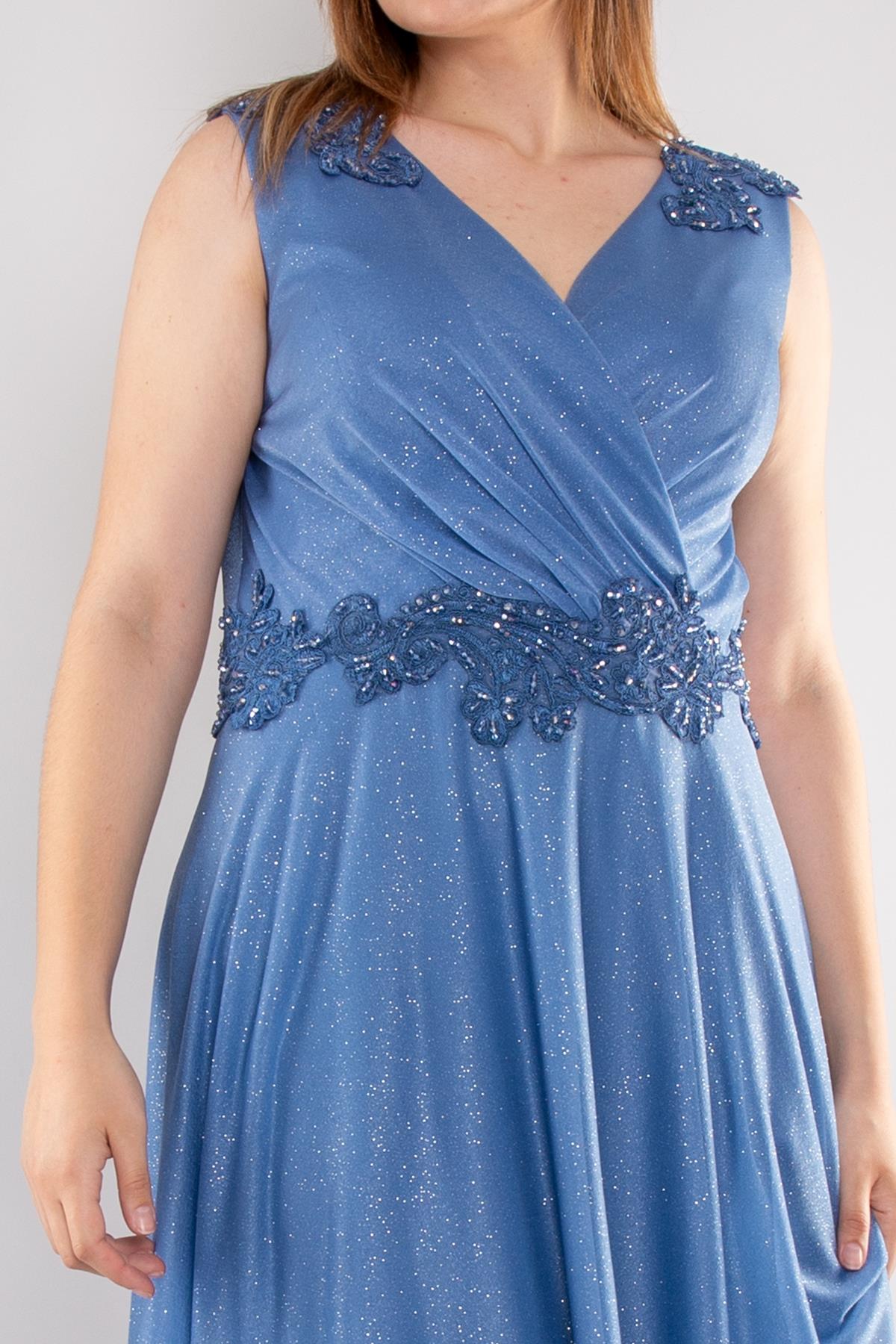 20178 BB Kruvaze Yaka Bel Omuz Taşlı Simli Uzun Abiye