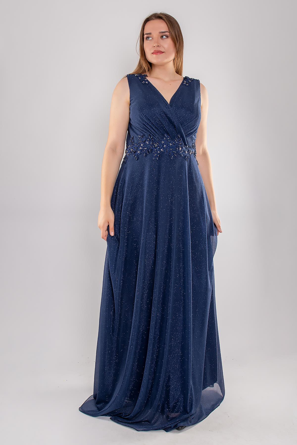 20178 BB Kruvaze Yaka Bel Omuz Taşlı Simli Uzun Abiye