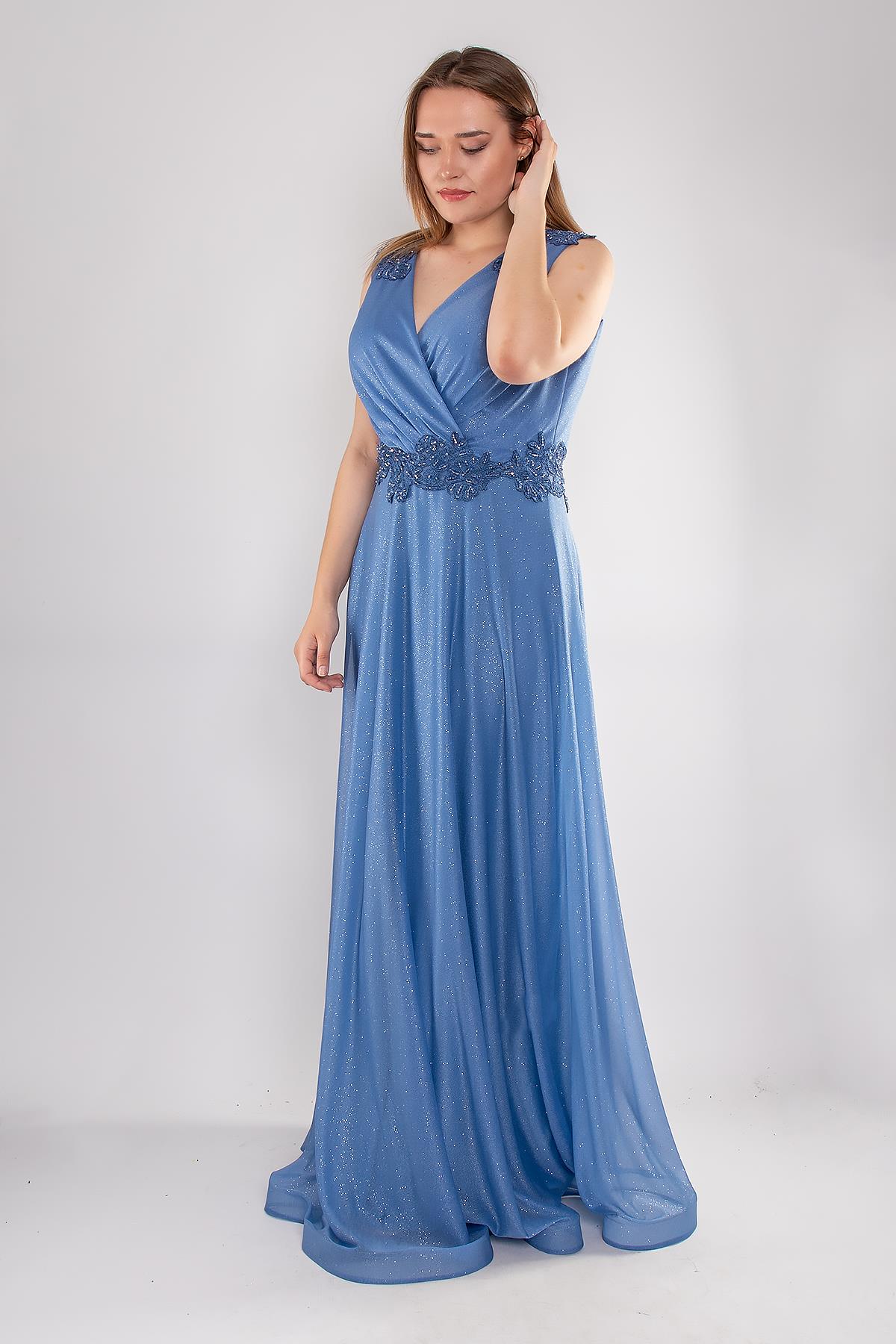 20178 BB Kruvaze Yaka Bel Omuz Taşlı Simli Uzun Abiye