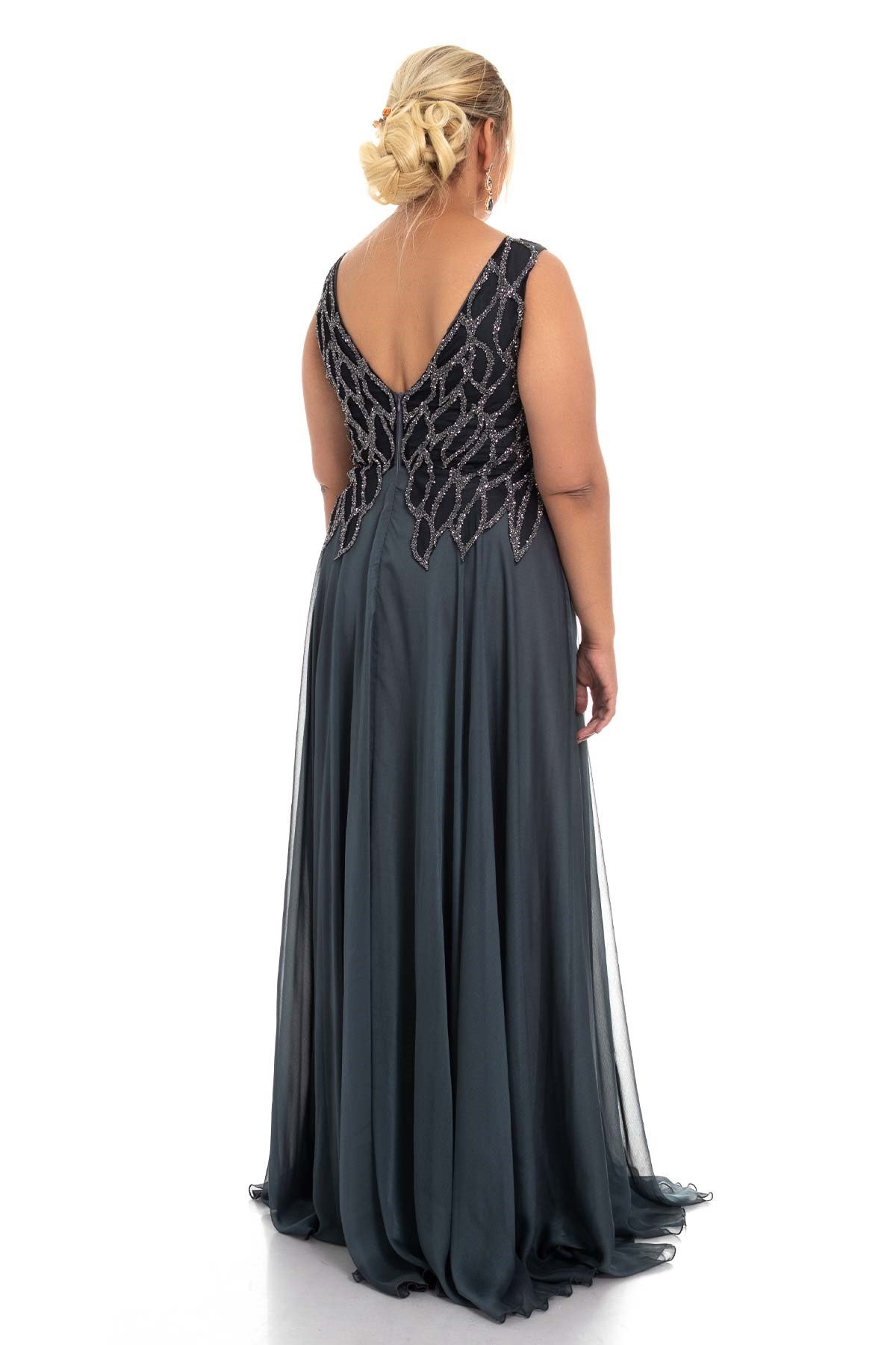 20191 BB Suyolu Taş Baskılı Saten Uzun Elbise