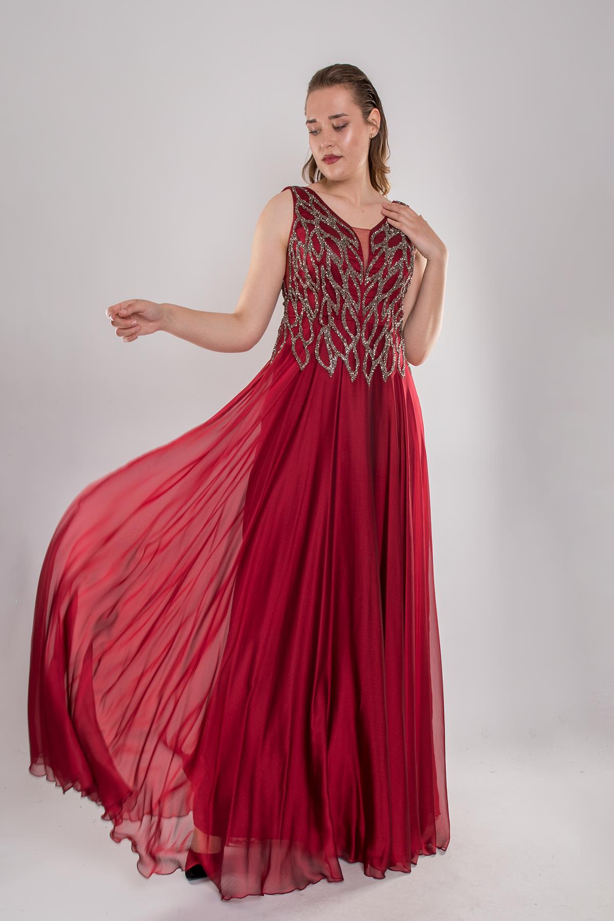 20191 Büyük Beden Suyolu Taş Baskılı Saten Uzun Elbise