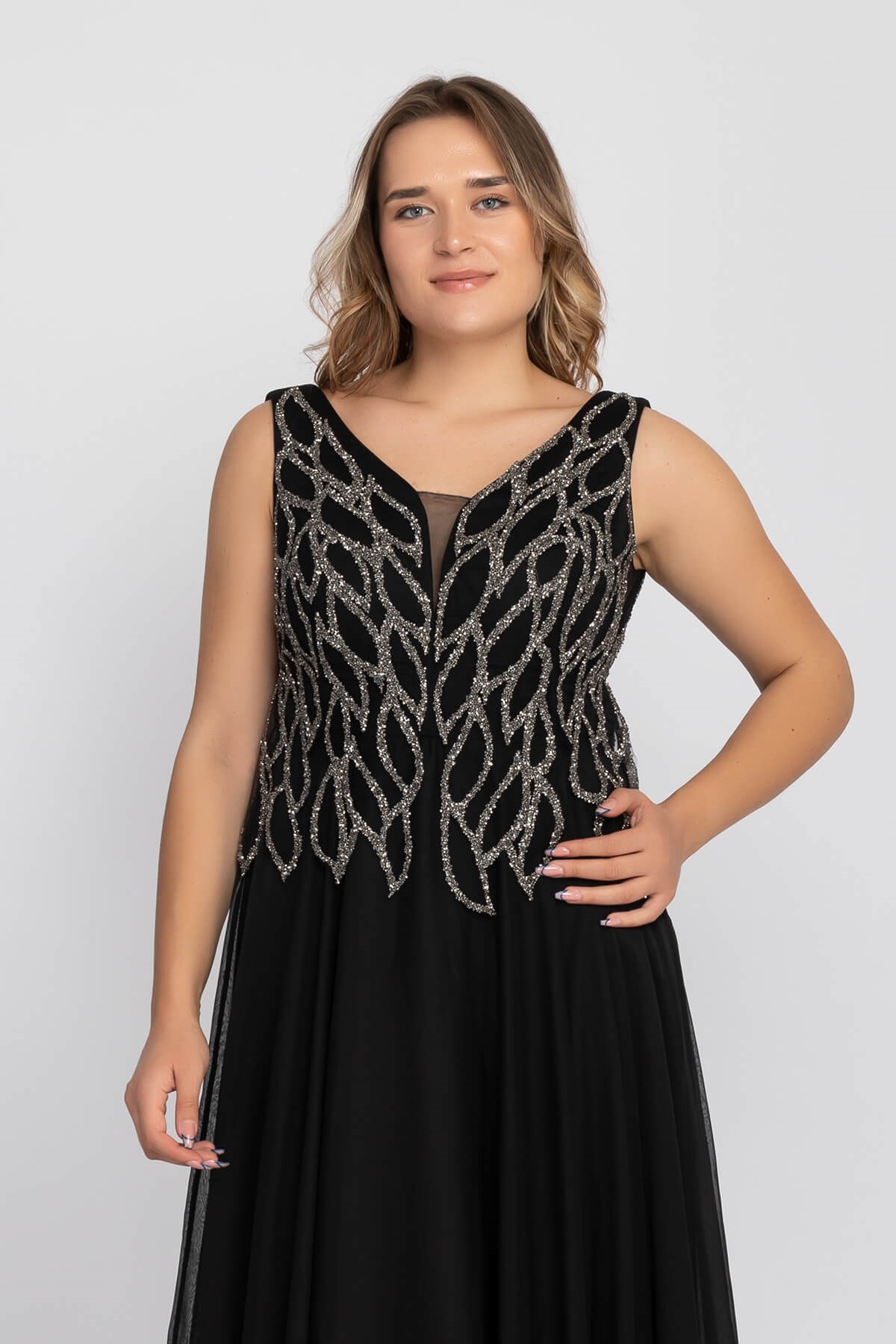 20191 Büyük Beden Suyolu Taş Baskılı Saten Uzun Elbise