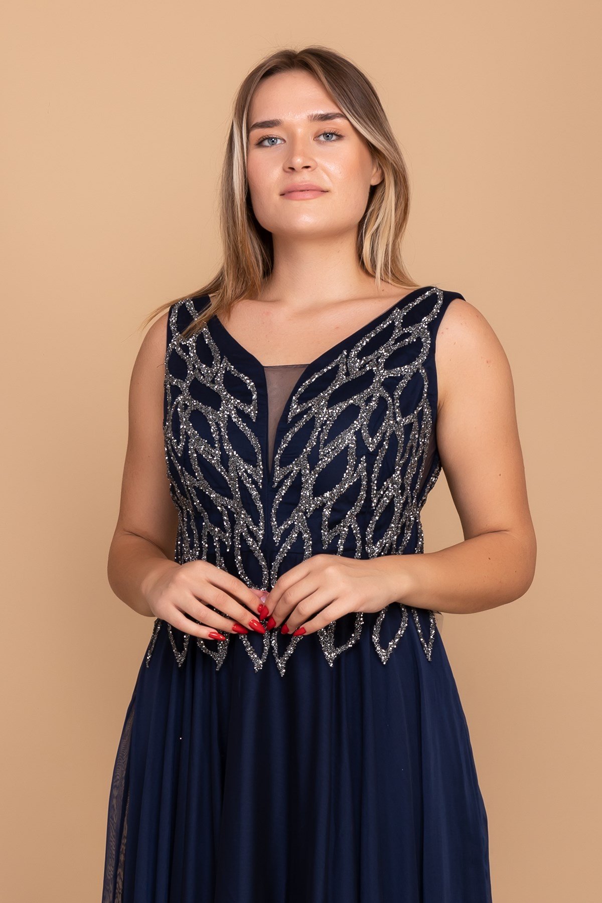 20191 Büyük Beden Suyolu Taş Baskılı Saten Uzun Elbise