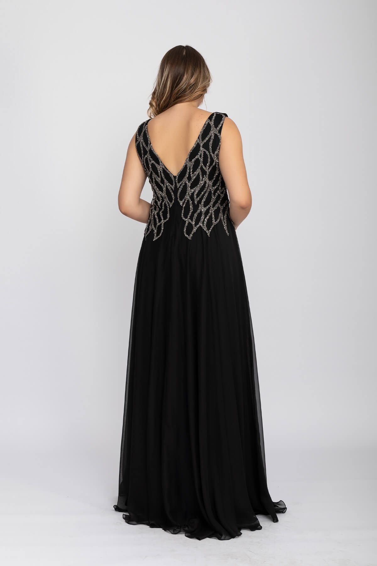 20191 Büyük Beden Suyolu Taş Baskılı Saten Uzun Elbise