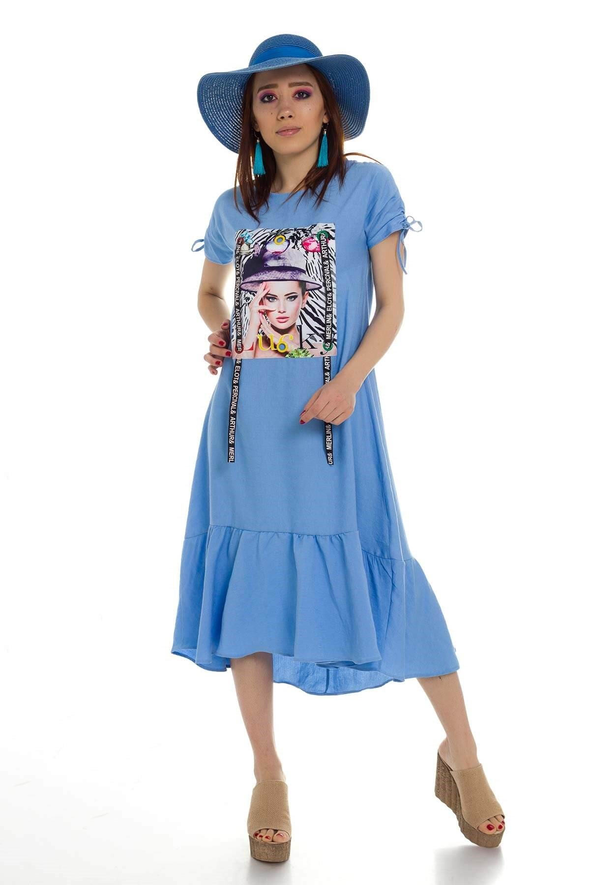 2020-829 Baskılı Keten Elbise