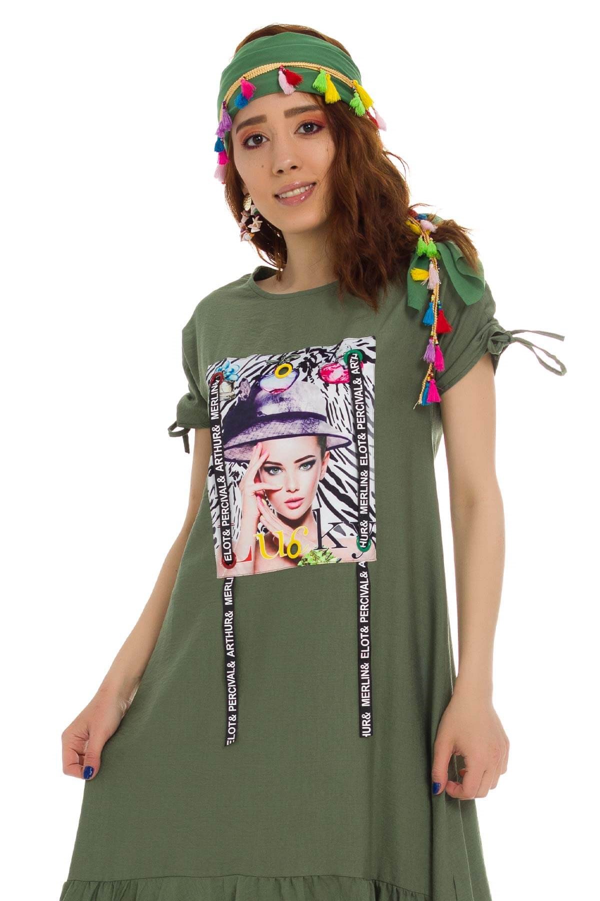 2020-829 Baskılı Keten Elbise