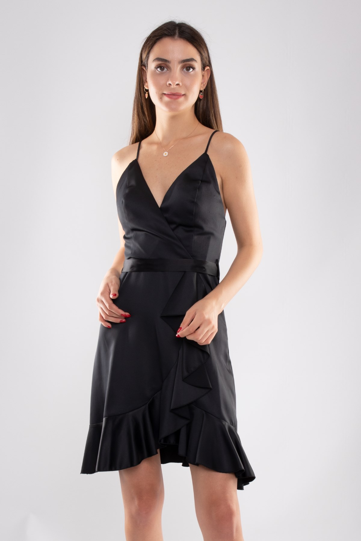 2020 KB Eteği Fırfırlı Sırt Bağlamalı Kısa Elbise