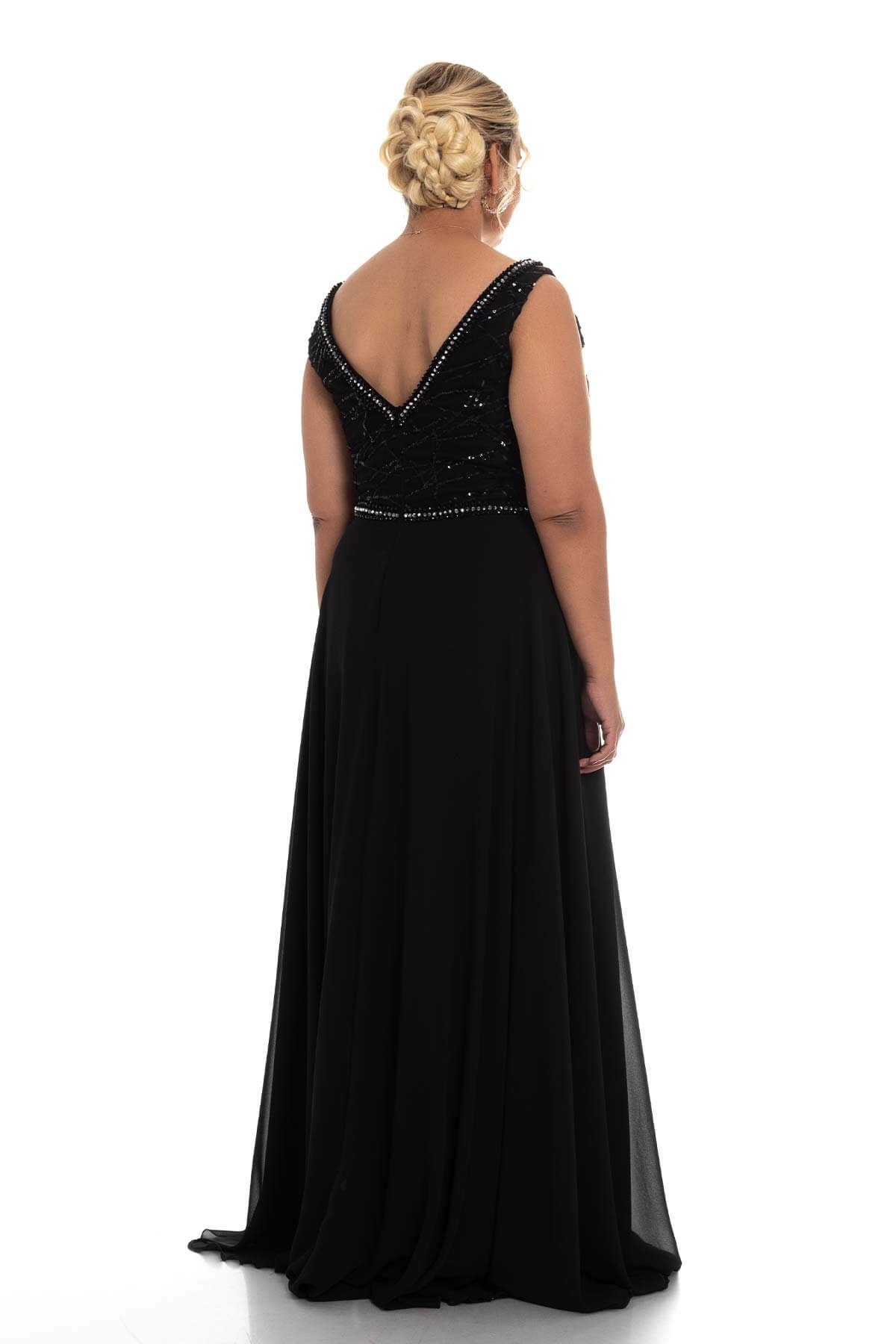 20202 BB Beli Taş Şerit Pul İşlemeli Krep Şifon Uzun Elbise