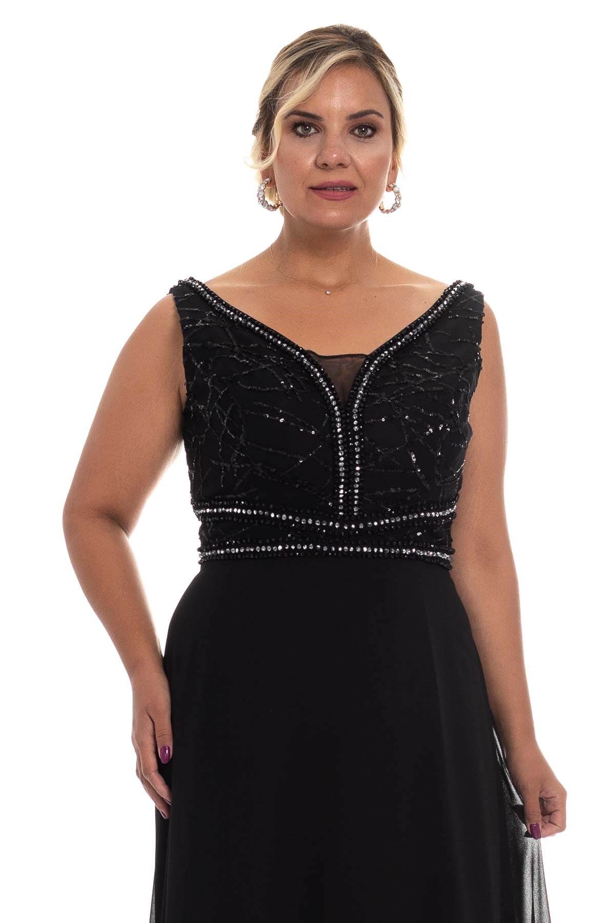 20202 BB Beli Taş Şerit Pul İşlemeli Krep Şifon Uzun Elbise