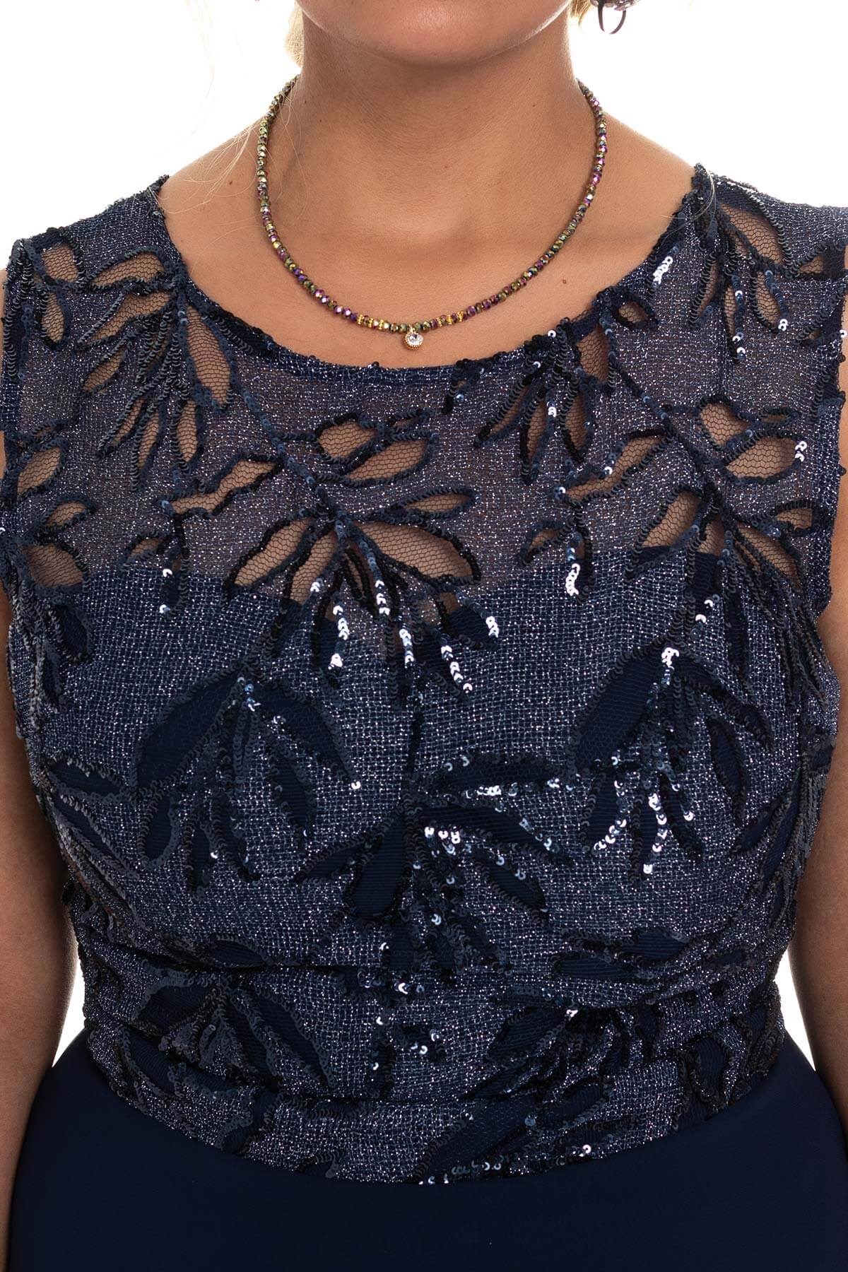 20213 BB Yaprak Desen Payetli Uzun Simli Abiye