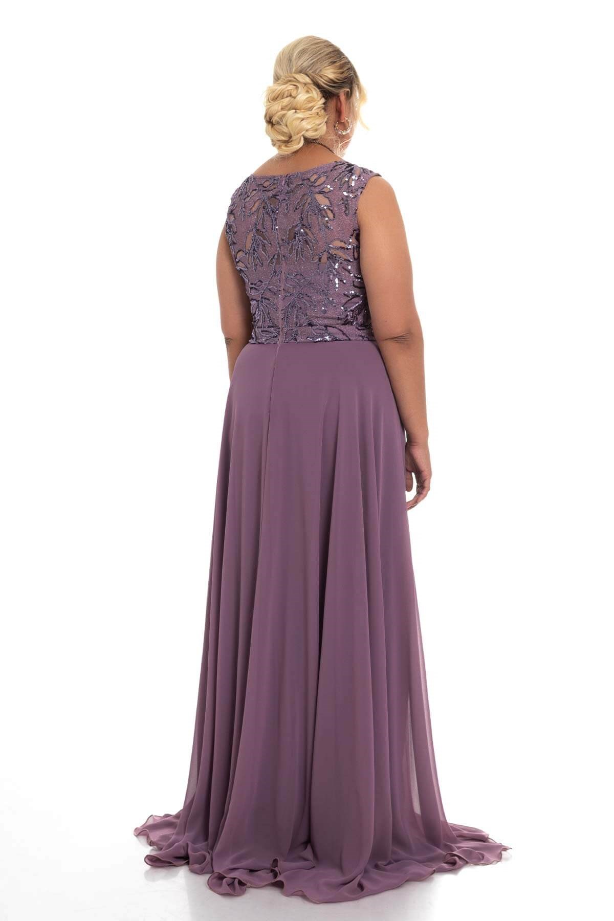 20213 BB Yaprak Desen Payetli Uzun Simli Abiye