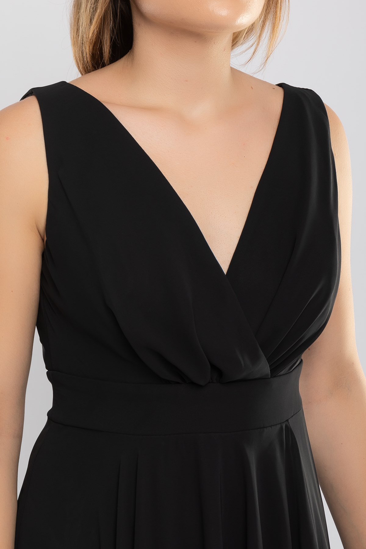 2023 Büyük Beden Kruvaze Yaka Astarlı Eteği Fırfır Detay Uzun Tül Elbise