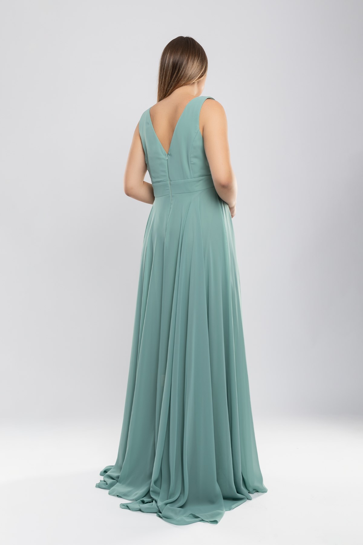 2023 Büyük Beden Kruvaze Yaka Astarlı Eteği Fırfır Detay Uzun Tül Elbise