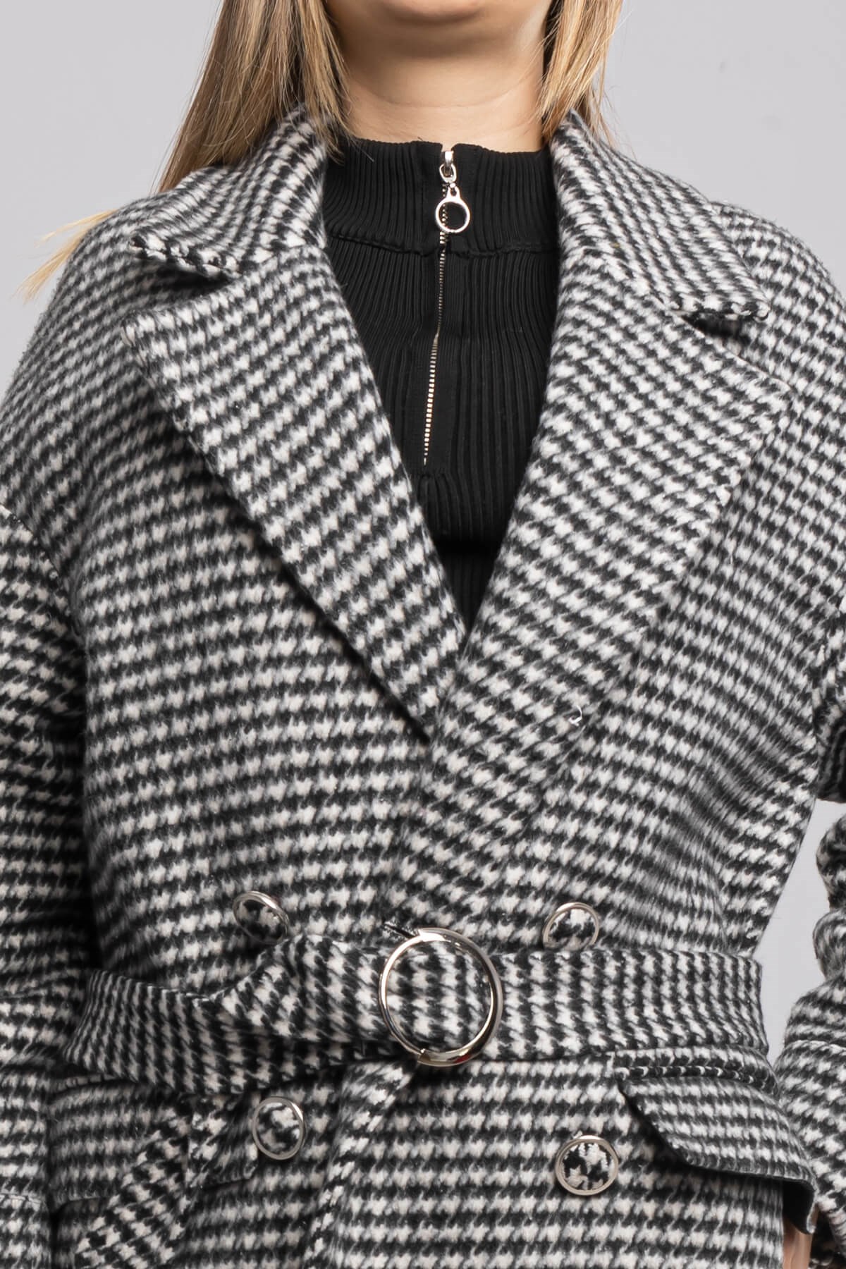 20252 Kazayağı Kuşaklı Düğmeli Pamuklu Uzun Kadın Kaban