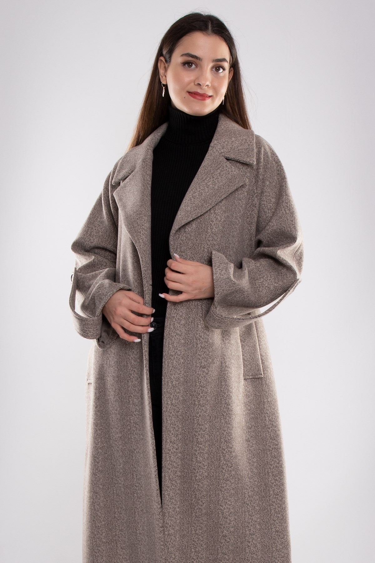 20266 Kırçıllı Kuşaklı Kadın Uzun Kaşe Kaban