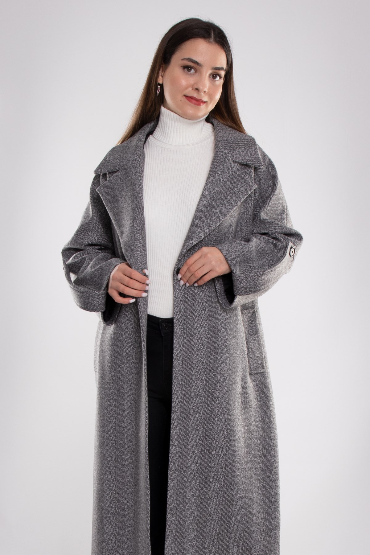 20266 Kırçıllı Kuşaklı Kadın Uzun Kaşe Kaban