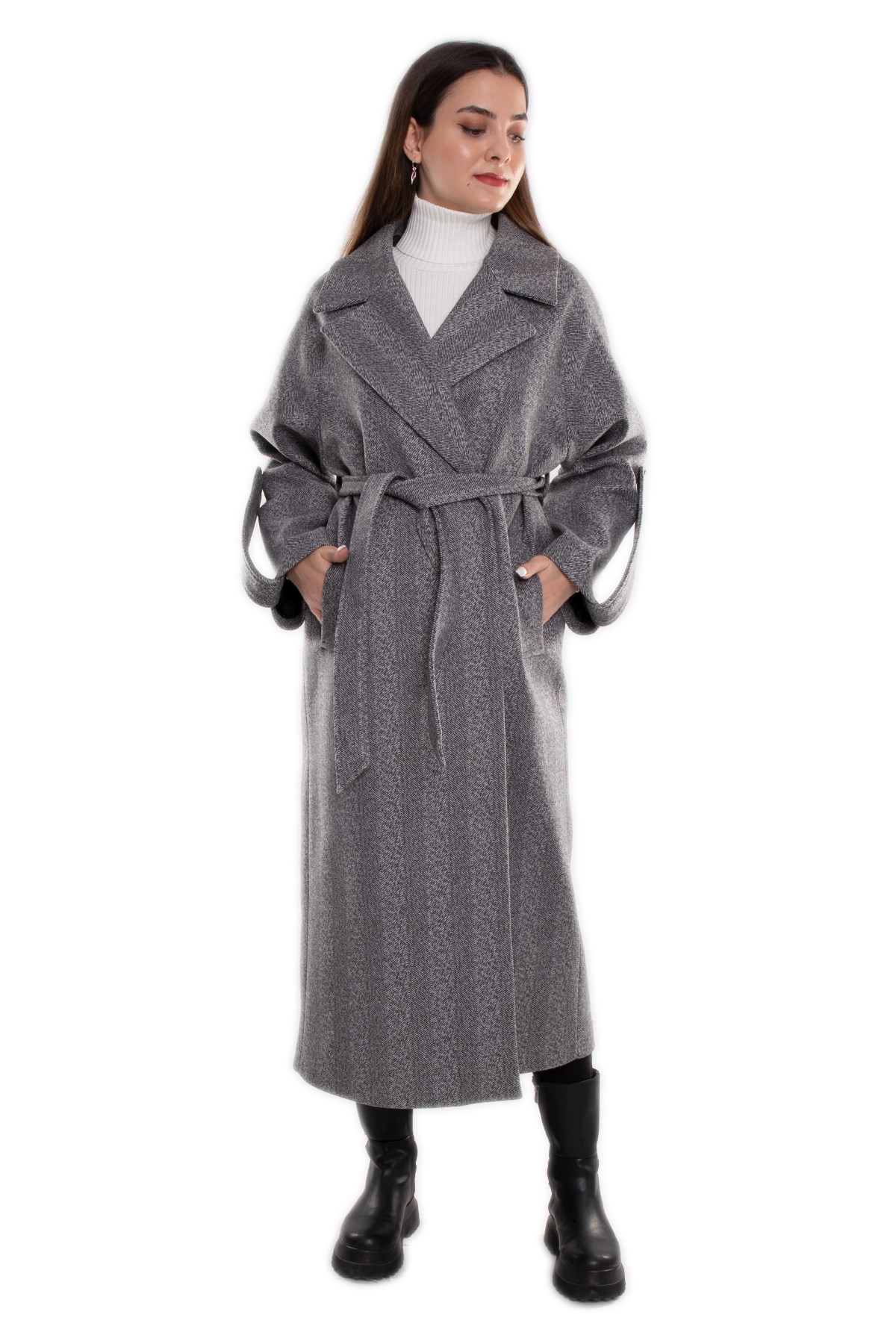 20266 Kırçıllı Kuşaklı Kadın Uzun Kaşe Kaban