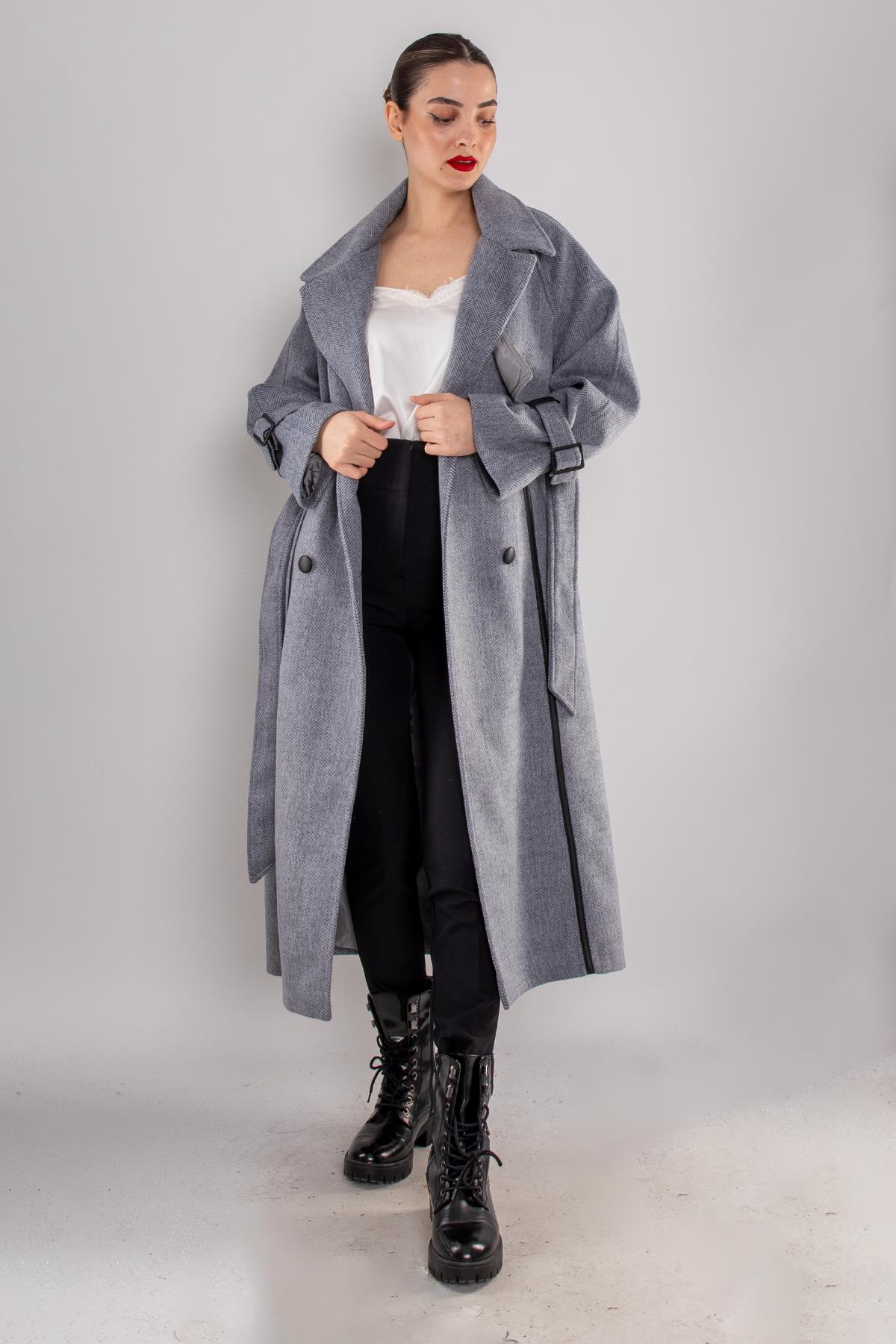 20268 Kırçıllı Kol Apoletli Deri Detay Düğmeli Uzun Kaşe Kaban