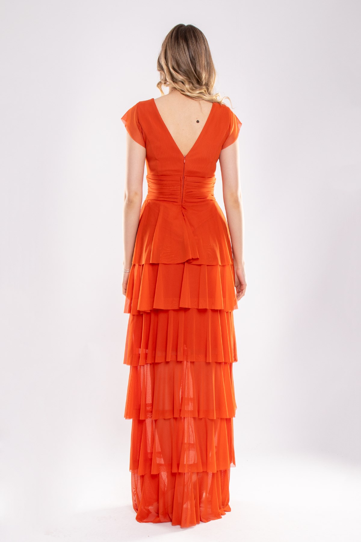 2040 KB Eteği Katkat Kruvaze Yaka Uzun Elbise