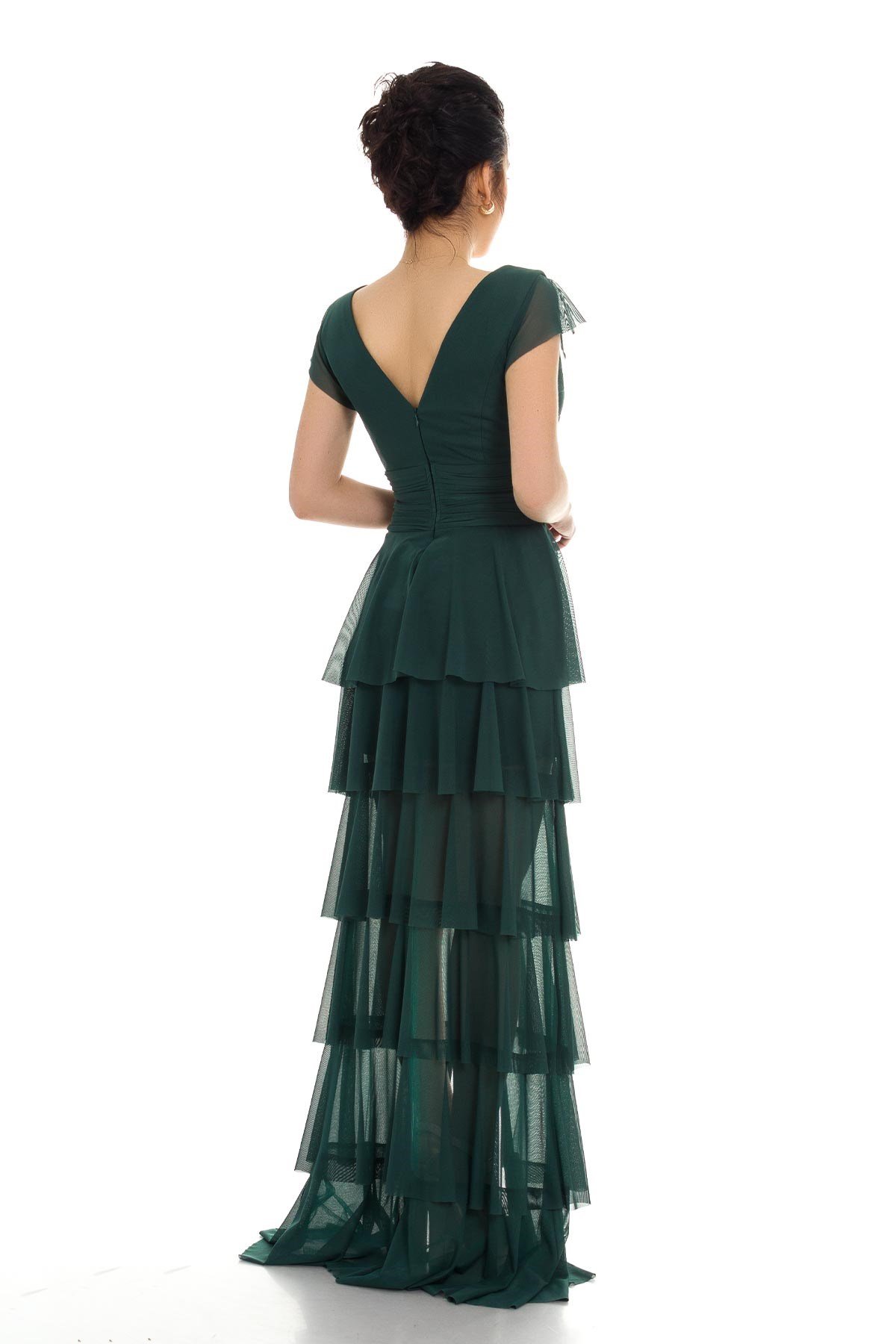 2040 KB Eteği Katkat Kruvaze Yaka Uzun Elbise