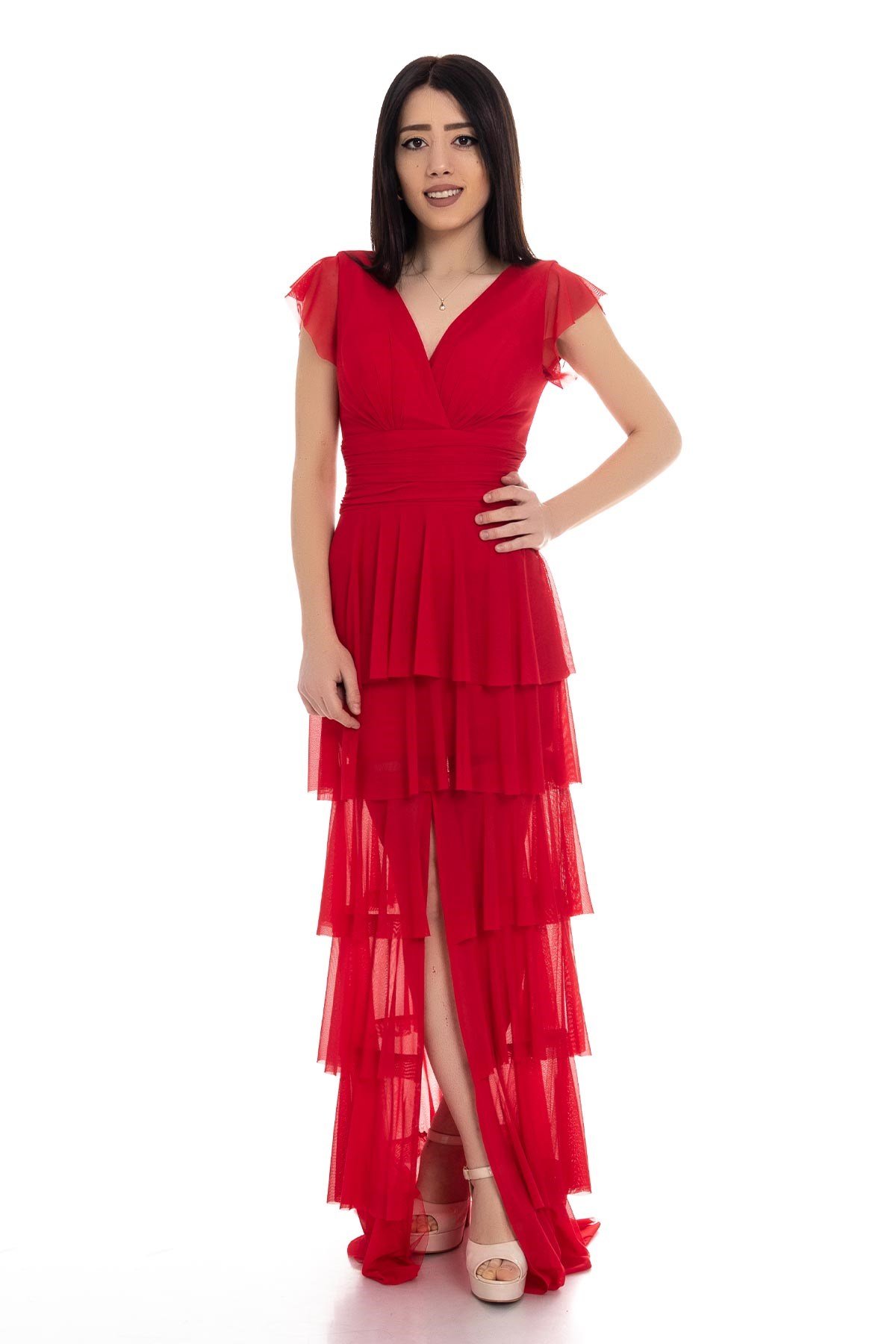 2040 KB Eteği Katkat Kruvaze Yaka Uzun Elbise