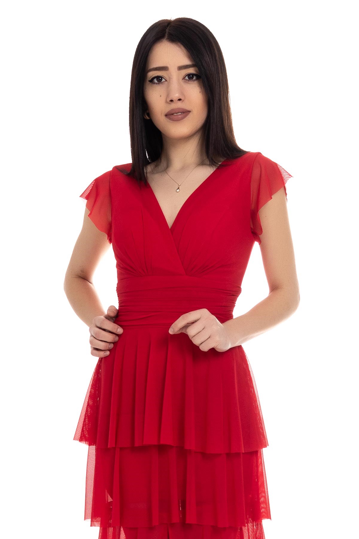 2040 KB Eteği Katkat Kruvaze Yaka Uzun Elbise