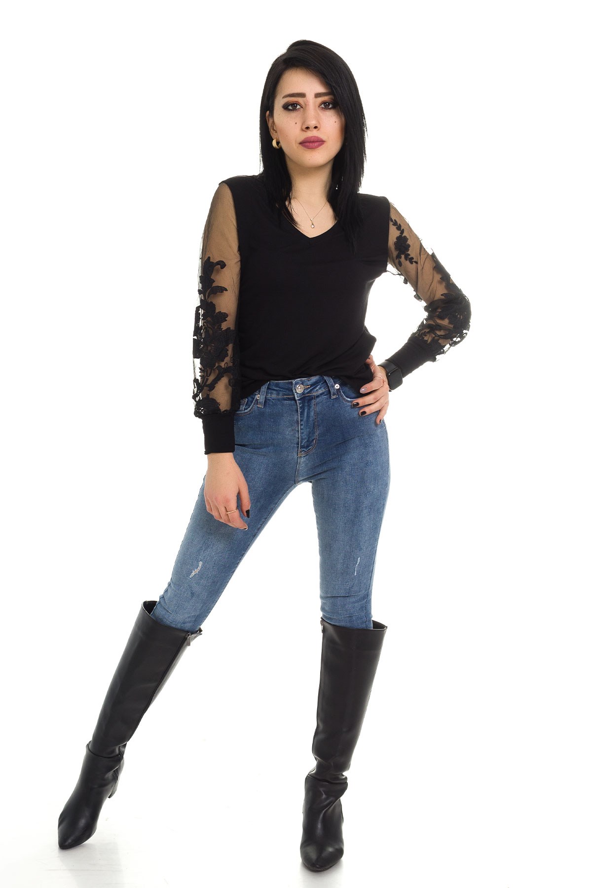 204047-1 Kolları Tül Dantelli Bluz