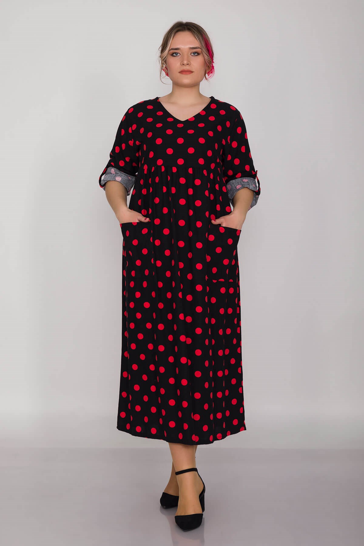 2041-1 İri Puantiyeli Cepli FakirKol Pamuk Viscon Elbise