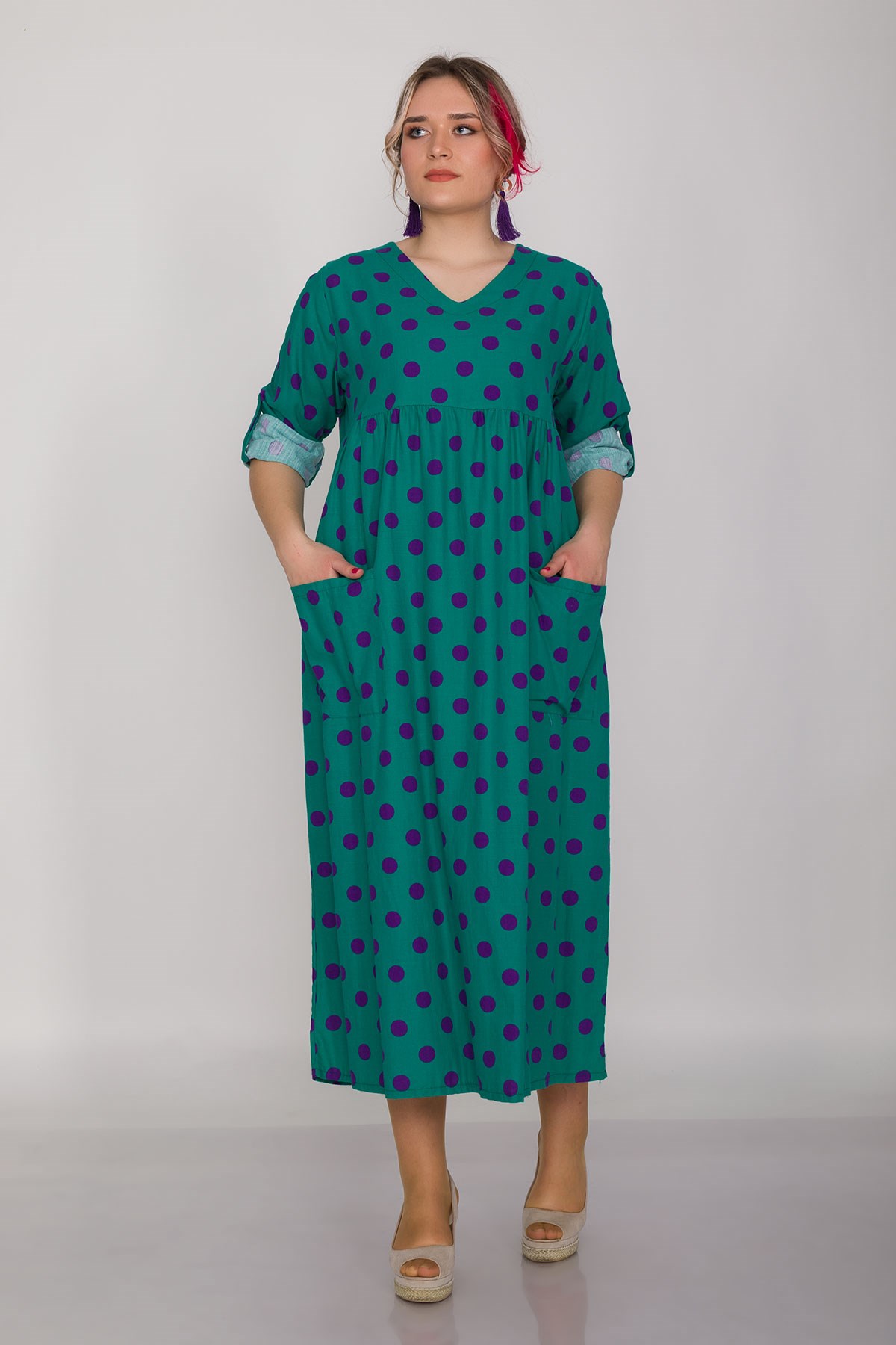 2041-1 İri Puantiyeli Cepli FakirKol Pamuk Viscon Elbise