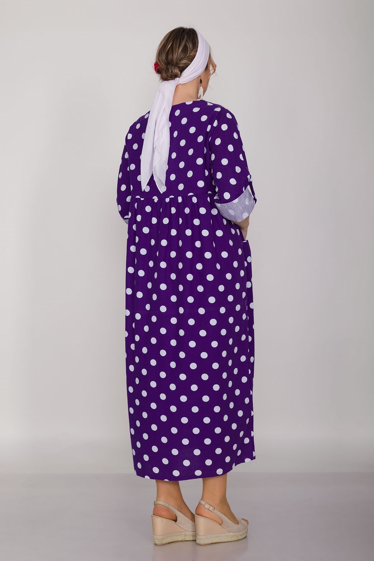 2041-1 İri Puantiyeli Cepli FakirKol Pamuk Viscon Elbise