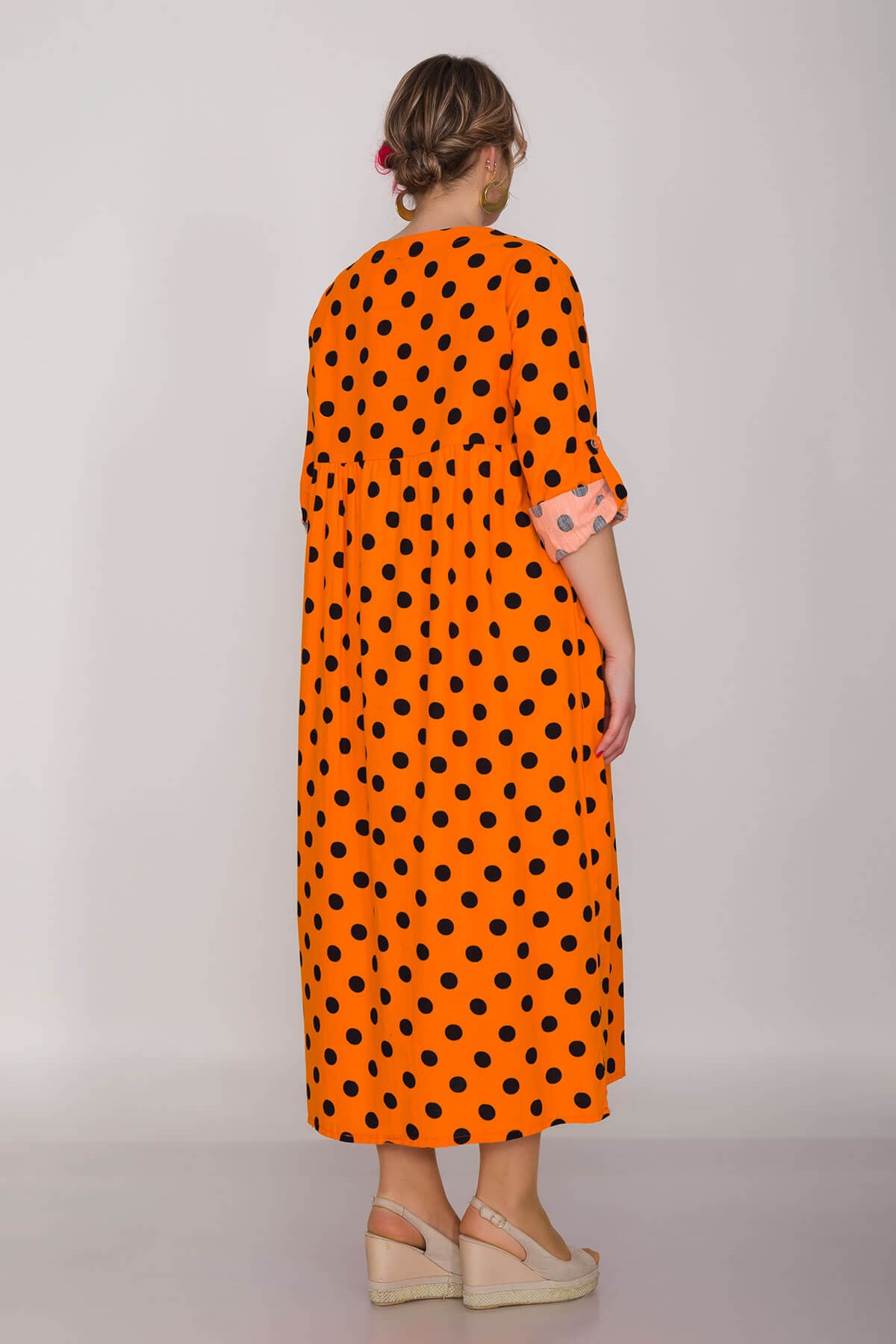 2041-1 İri Puantiyeli Cepli FakirKol Pamuk Viscon Elbise