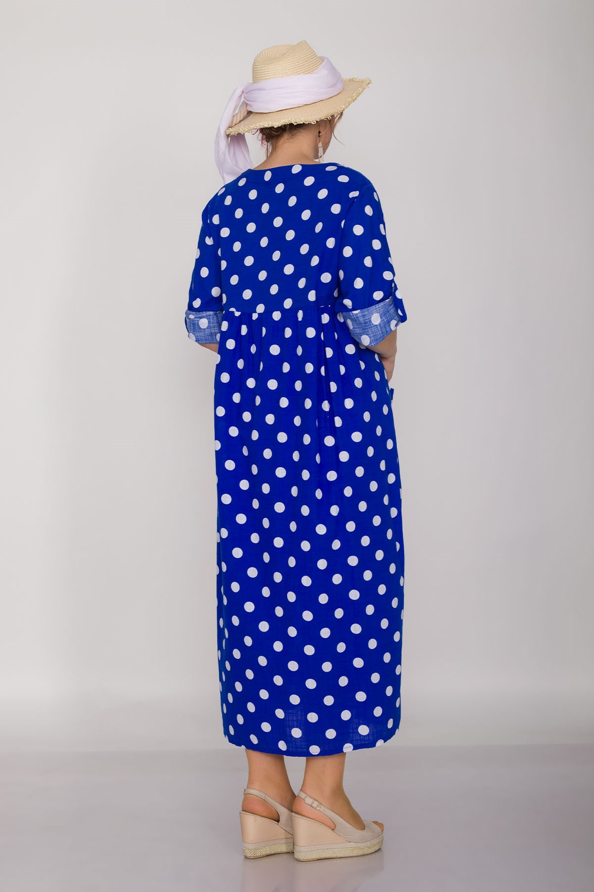 2041-1 İri Puantiyeli Cepli FakirKol Pamuk Viscon Elbise