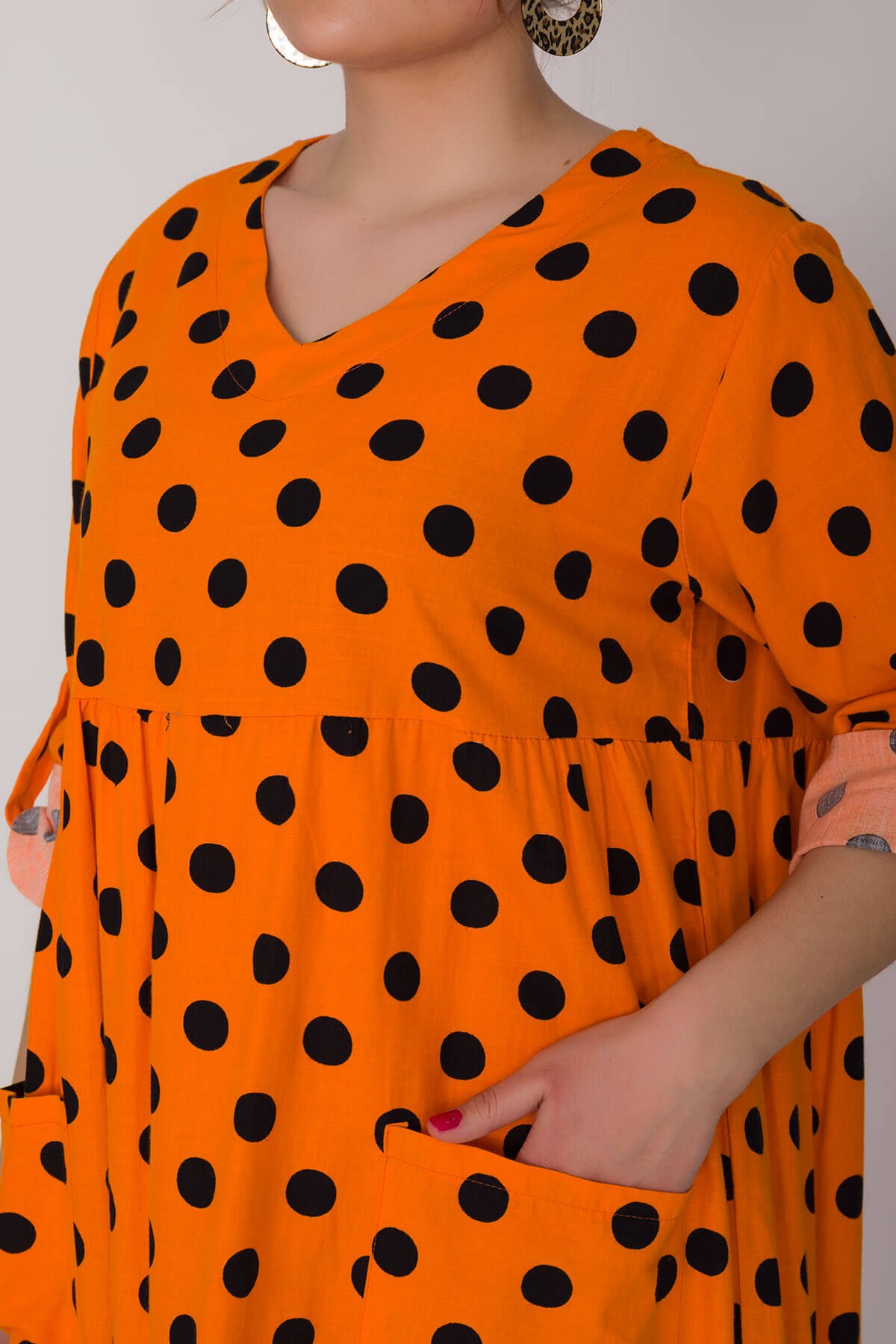 2041-1 İri Puantiyeli Cepli FakirKol Pamuk Viscon Elbise