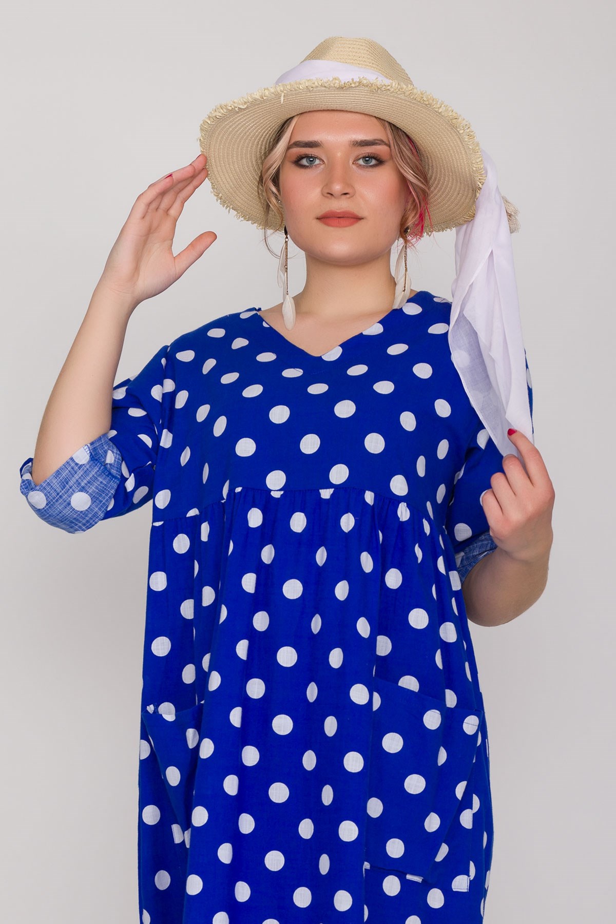 2041-1 İri Puantiyeli Cepli FakirKol Pamuk Viscon Elbise