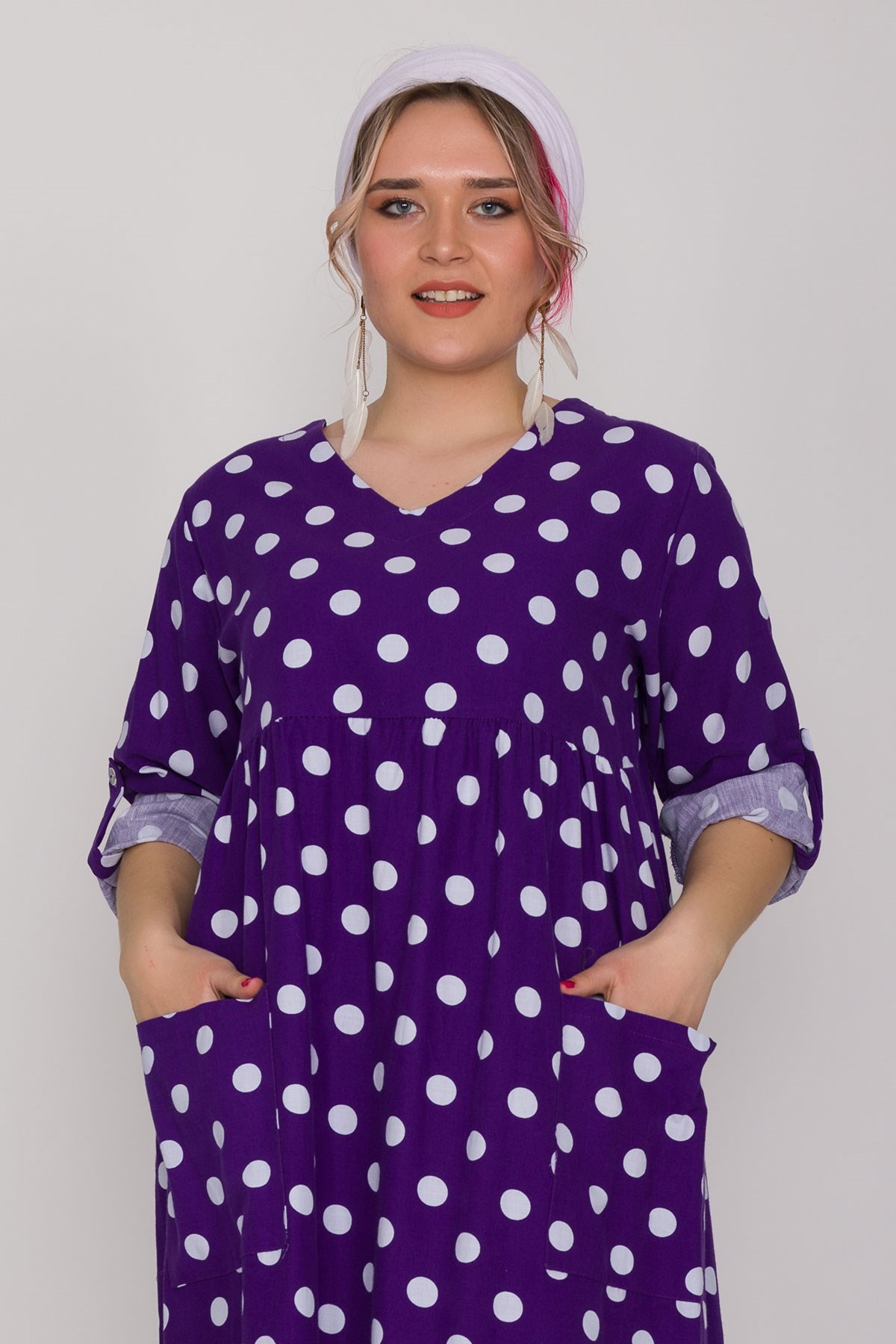 2041-1 İri Puantiyeli Cepli FakirKol Pamuk Viscon Elbise