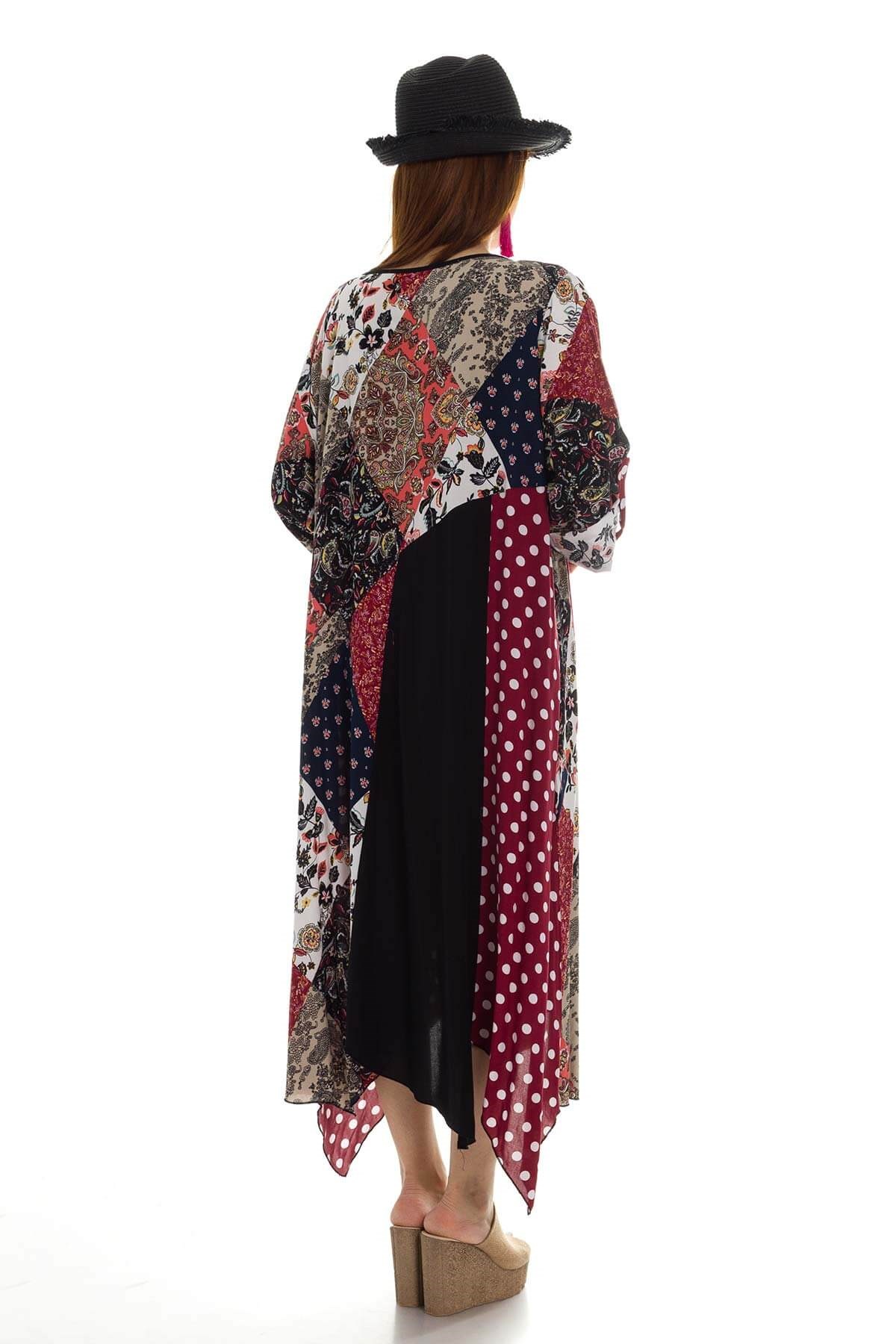 2045 BB Karışık Desen Etek Ucu Asimetrik Kesim Pmuk Viscon Elbise