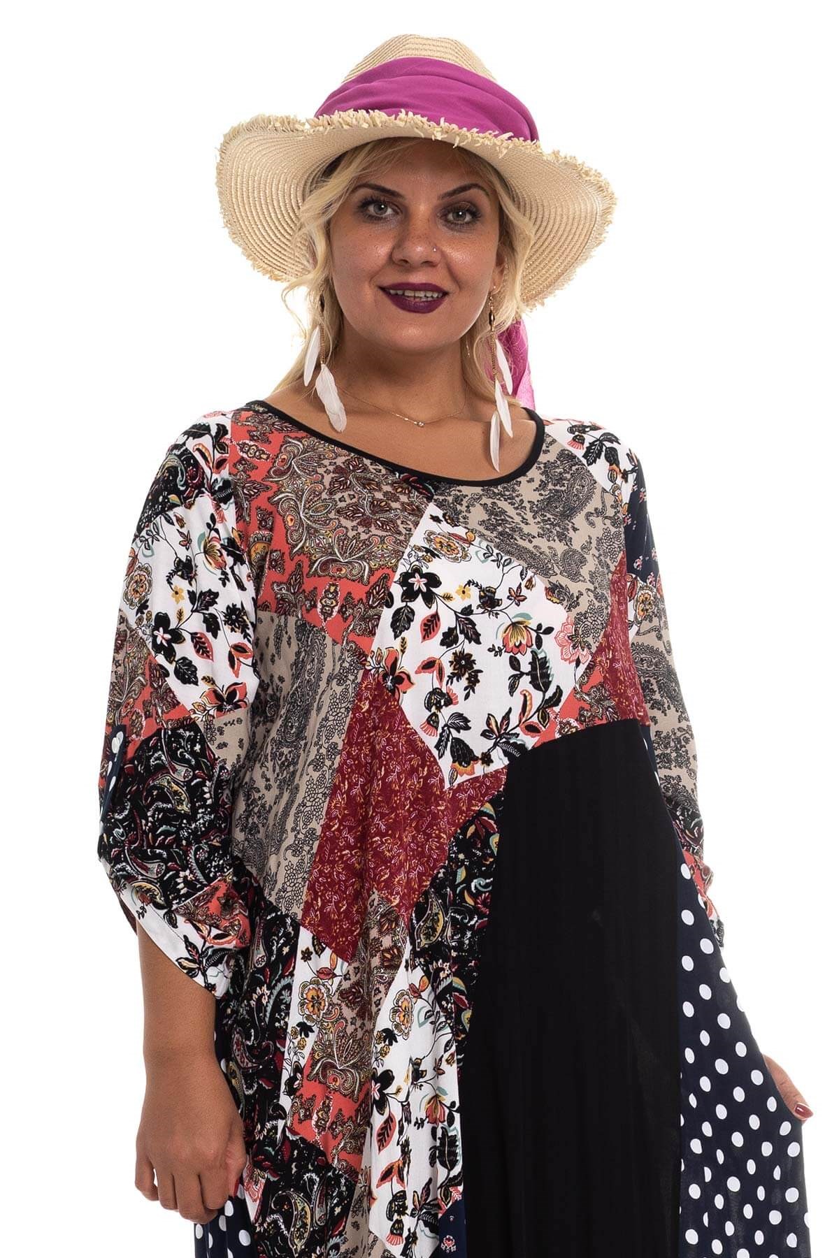 2045 BB Karışık Desen Etek Ucu Asimetrik Kesim Pmuk Viscon Elbise