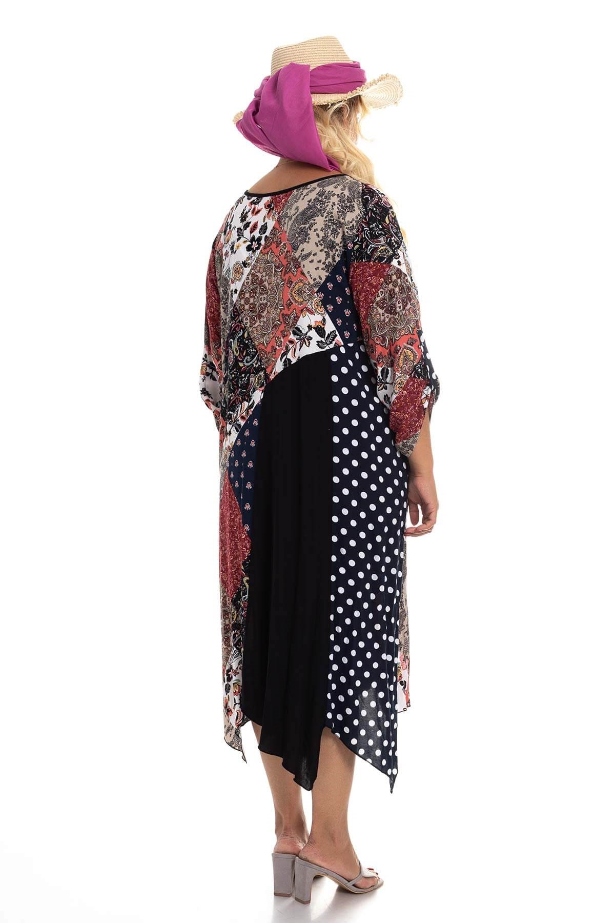 2045 BB Karışık Desen Etek Ucu Asimetrik Kesim Pmuk Viscon Elbise