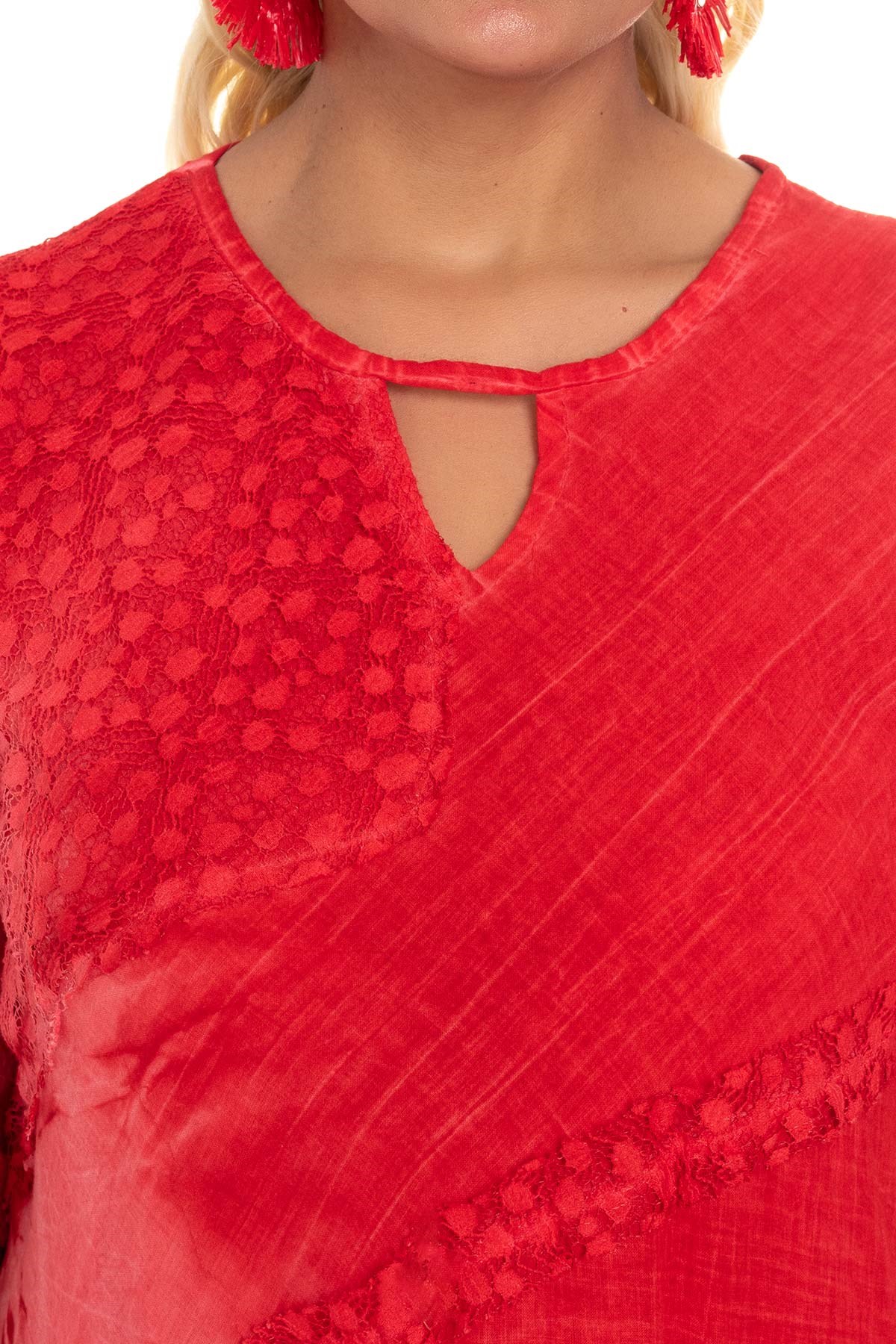 2049 Asimetrik Güpür Detay K.Kol Pamuk Batik Elbise