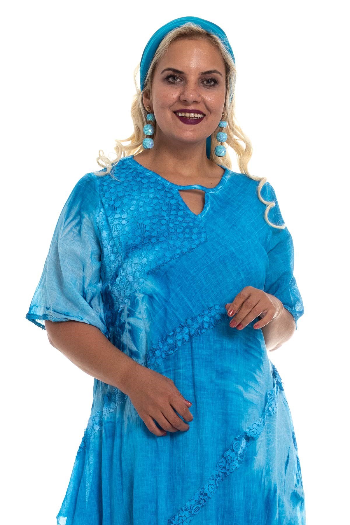 2049 Asimetrik Güpür Detay K.Kol Pamuk Batik Elbise