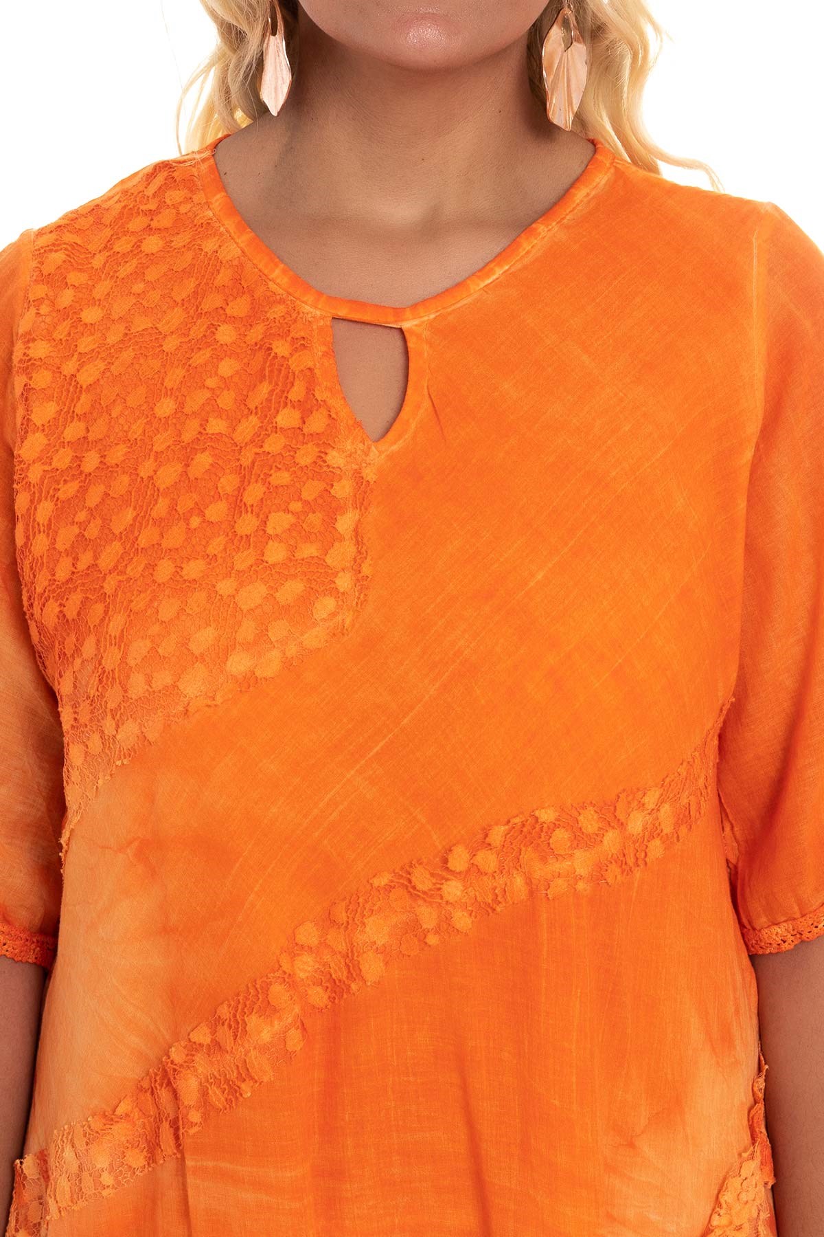 2049 Asimetrik Güpür Detay K.Kol Pamuk Batik Elbise