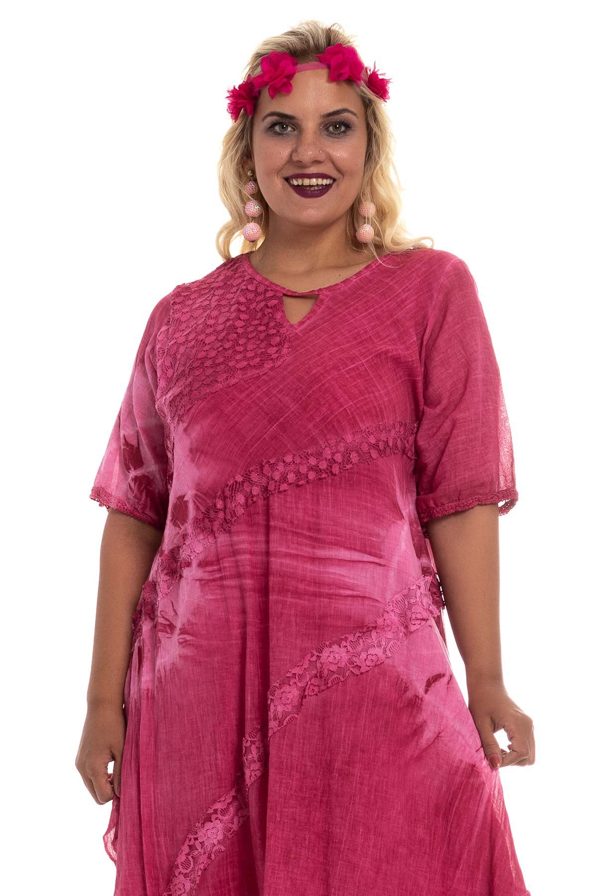 2049 Asimetrik Güpür Detay K.Kol Pamuk Batik Elbise