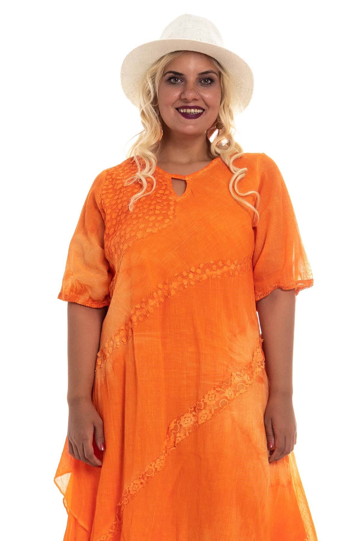 2049 Asimetrik Güpür Detay K.Kol Pamuk Batik Elbise