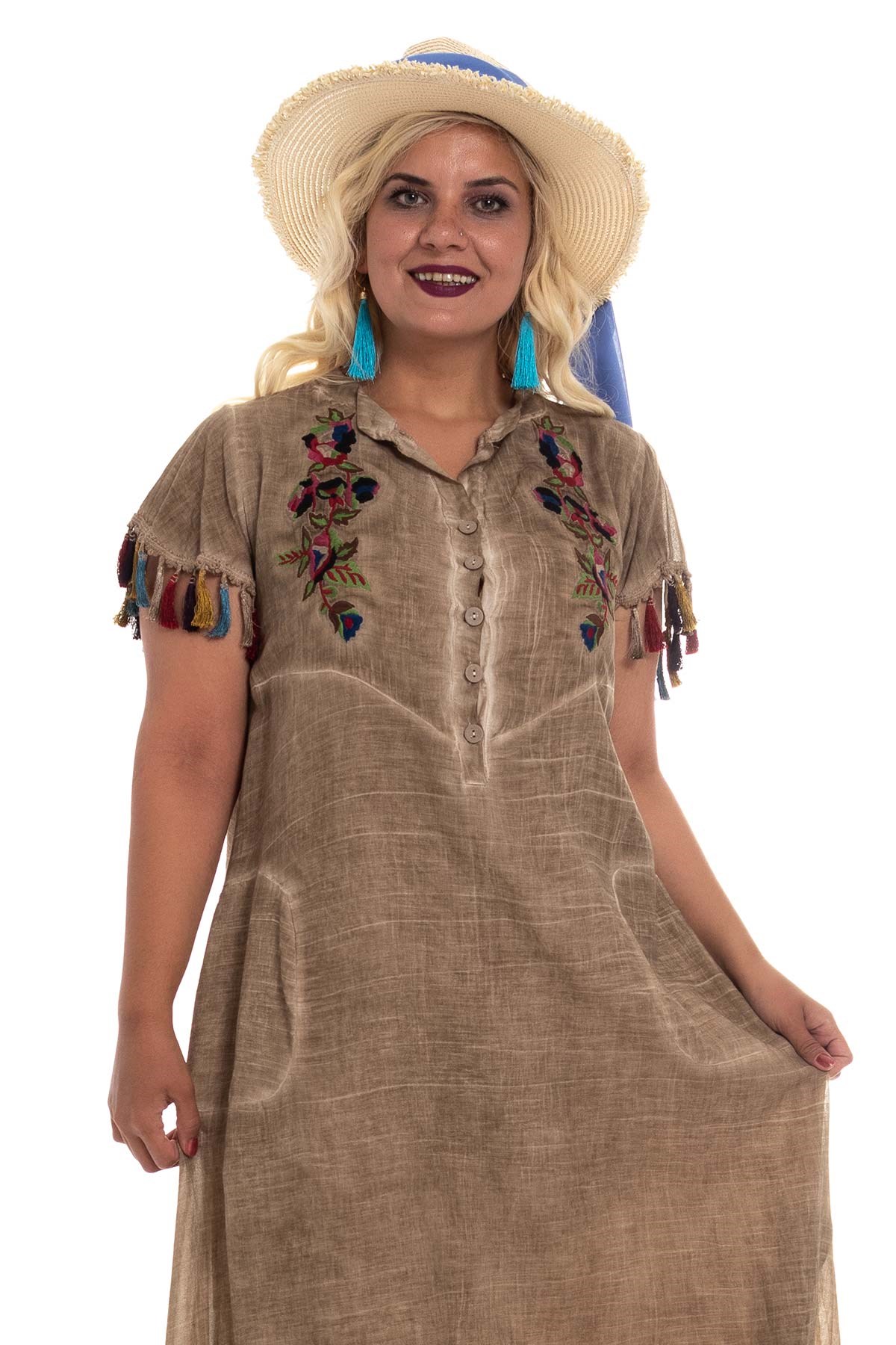 2053 Kol Ve EtekUcu Püskül Viscon Batik Elbise