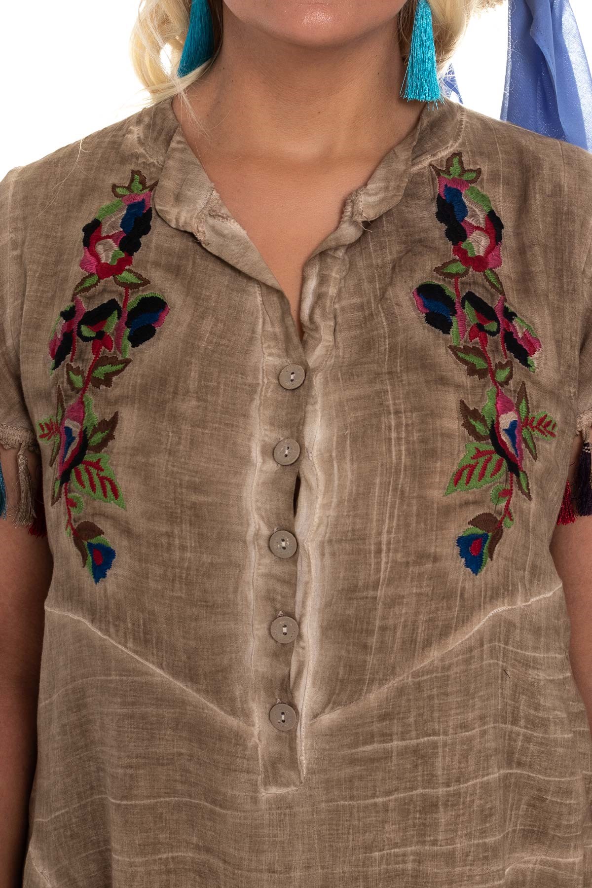 2053 Kol Ve EtekUcu Püskül Viscon Batik Elbise