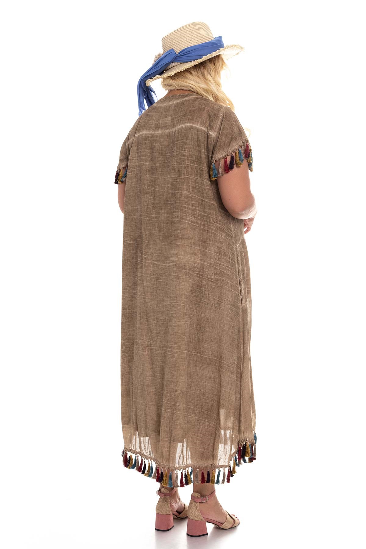 2053 Kol Ve EtekUcu Püskül Viscon Batik Elbise